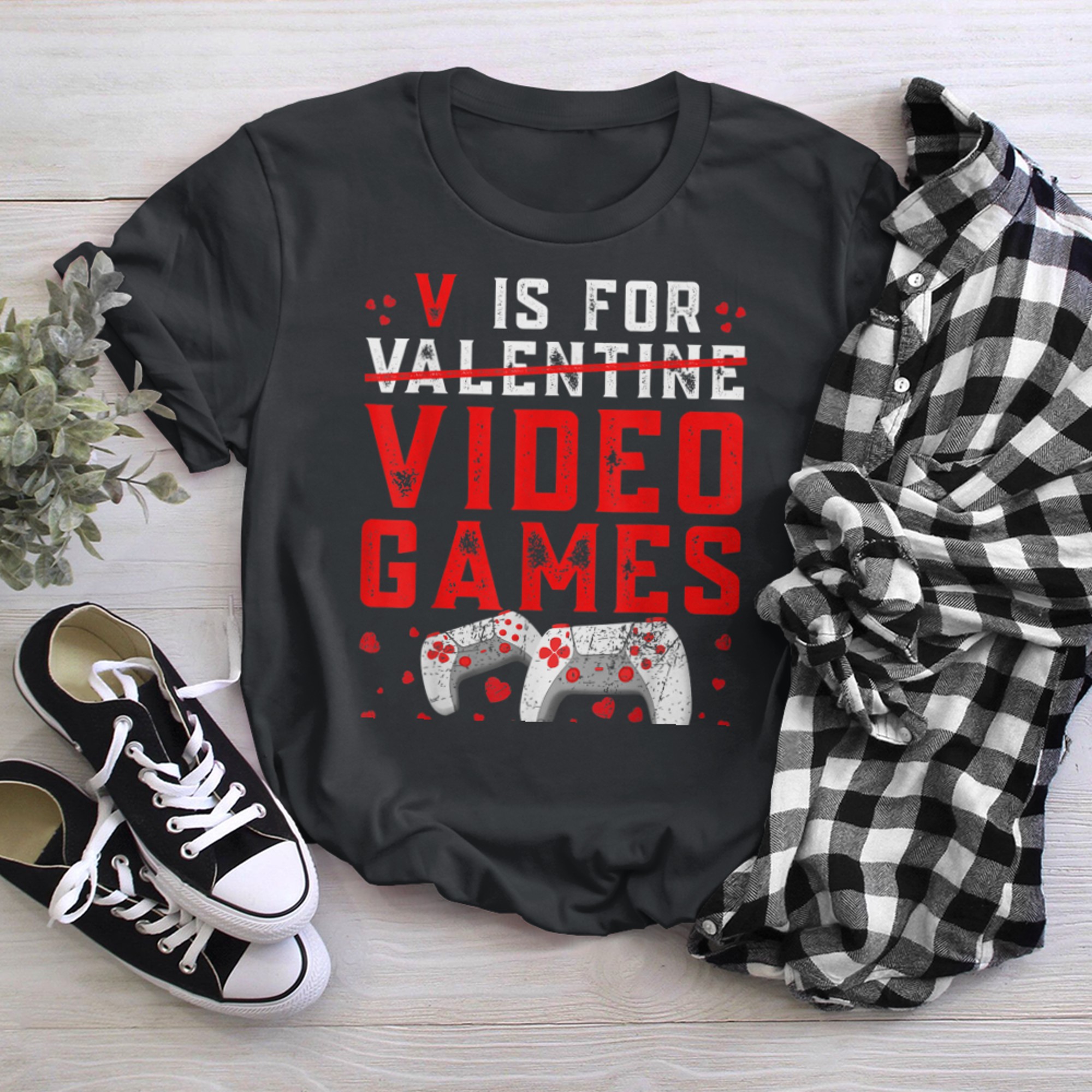 V Is For Valentine Video Games Cool Controllers Gamer t-shirt black