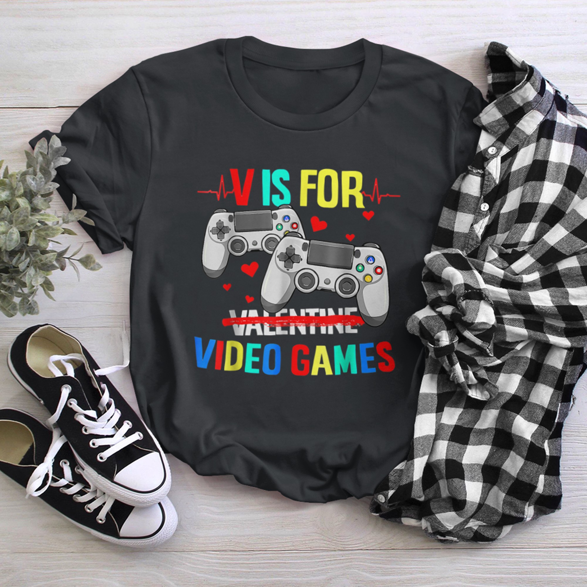 V Is For Valentine Video Games Cool Controllers Gamers t-shirt black