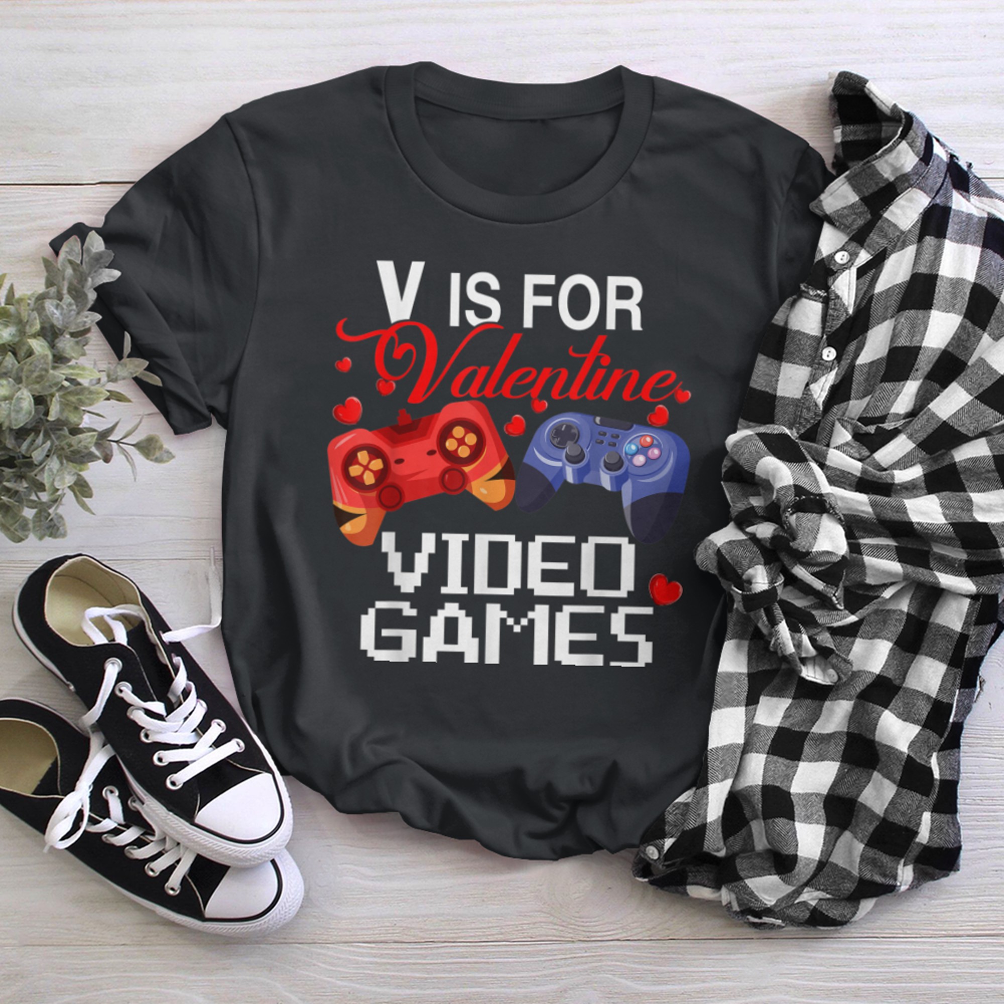 V Is For Valentine Video Games Cute Game Controllers Gamers t-shirt black