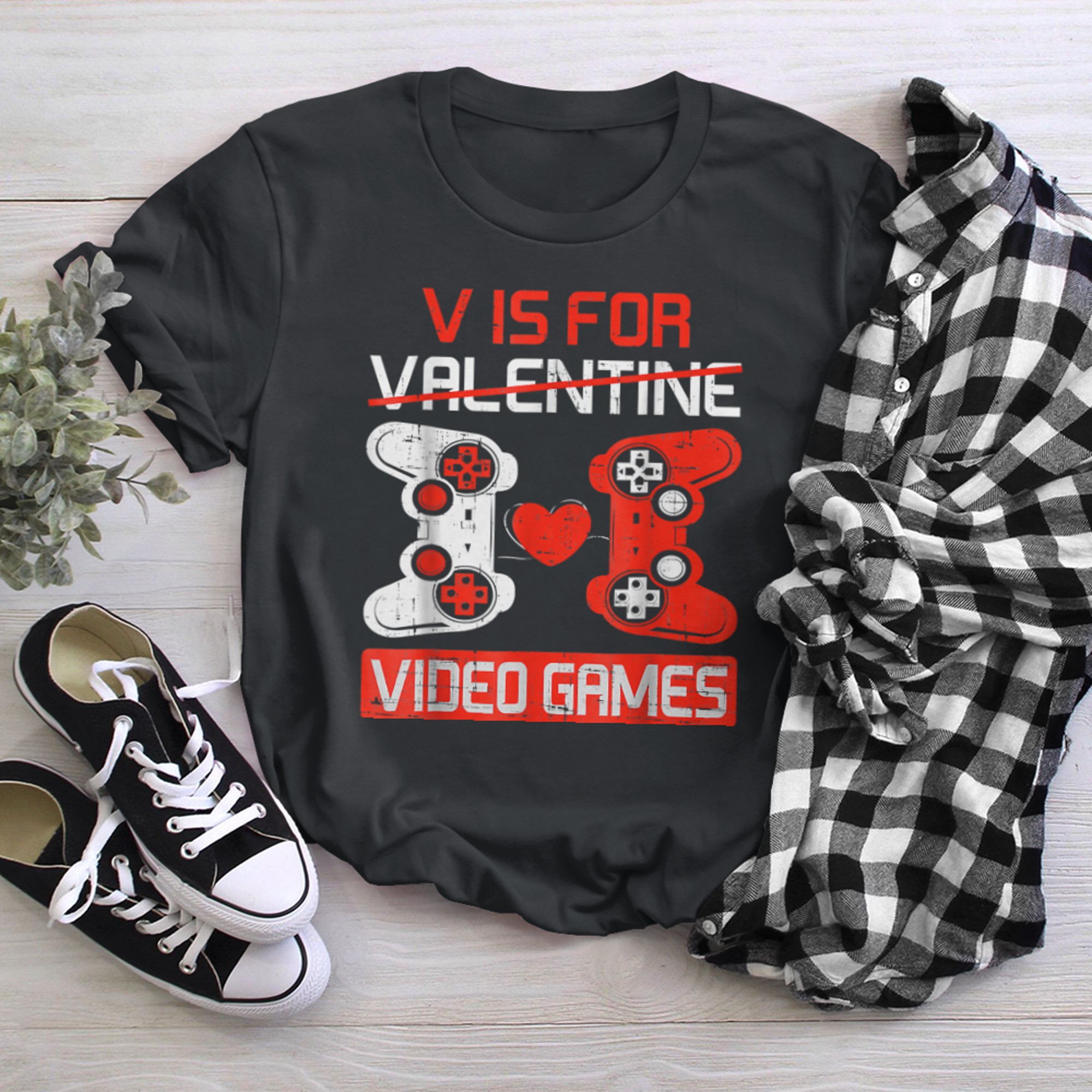 V Is For Valentine Video Games Gaming Controller Funny Gamer t-shirt black