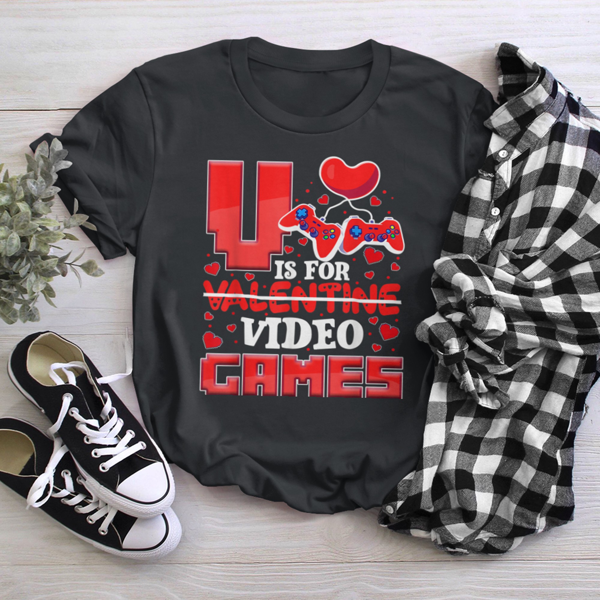 V Is For Valentine Video Games Heart Funny Valentines Day t-shirt black