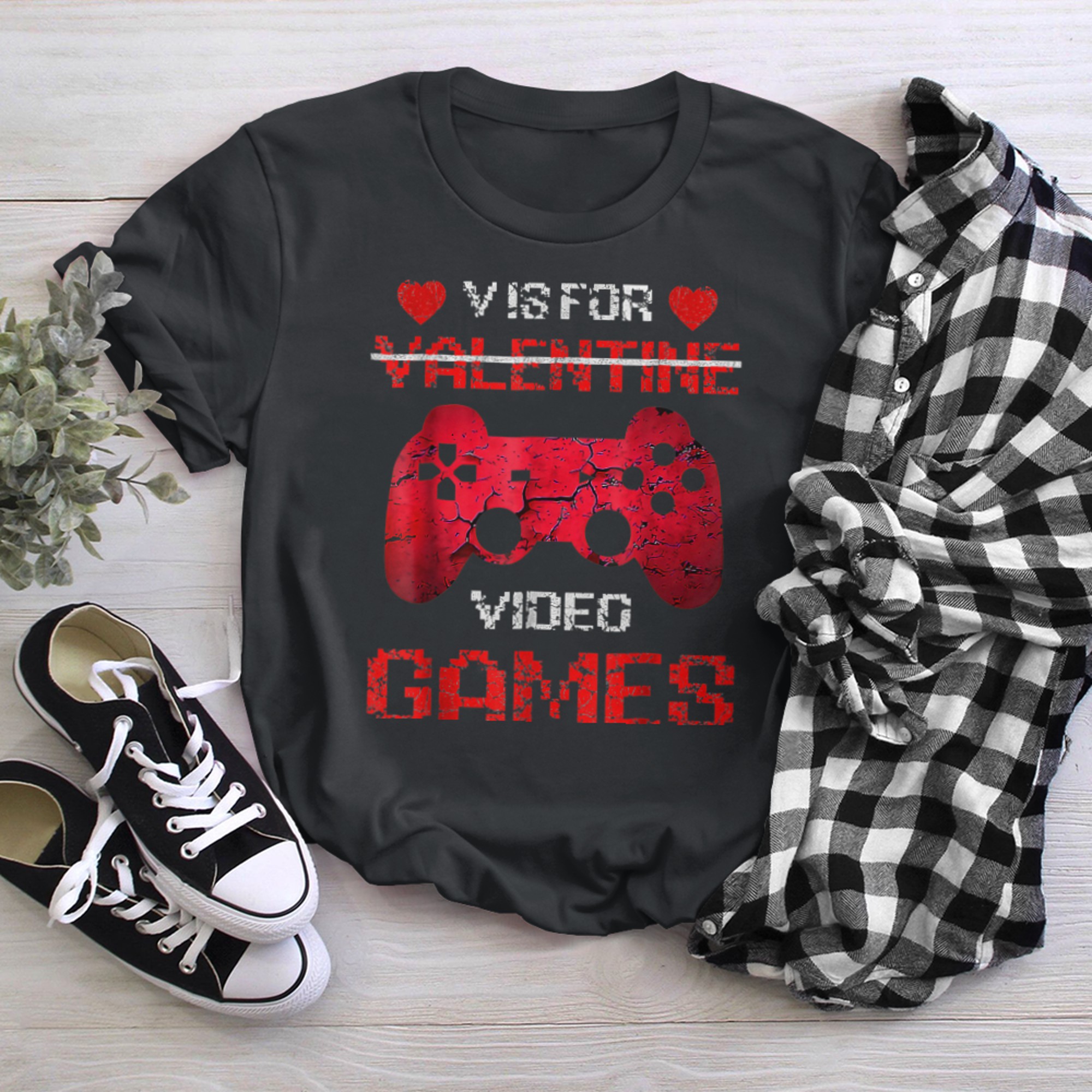 V Is For Valentine Video Games Retro Controller Funny Gamer t-shirt black