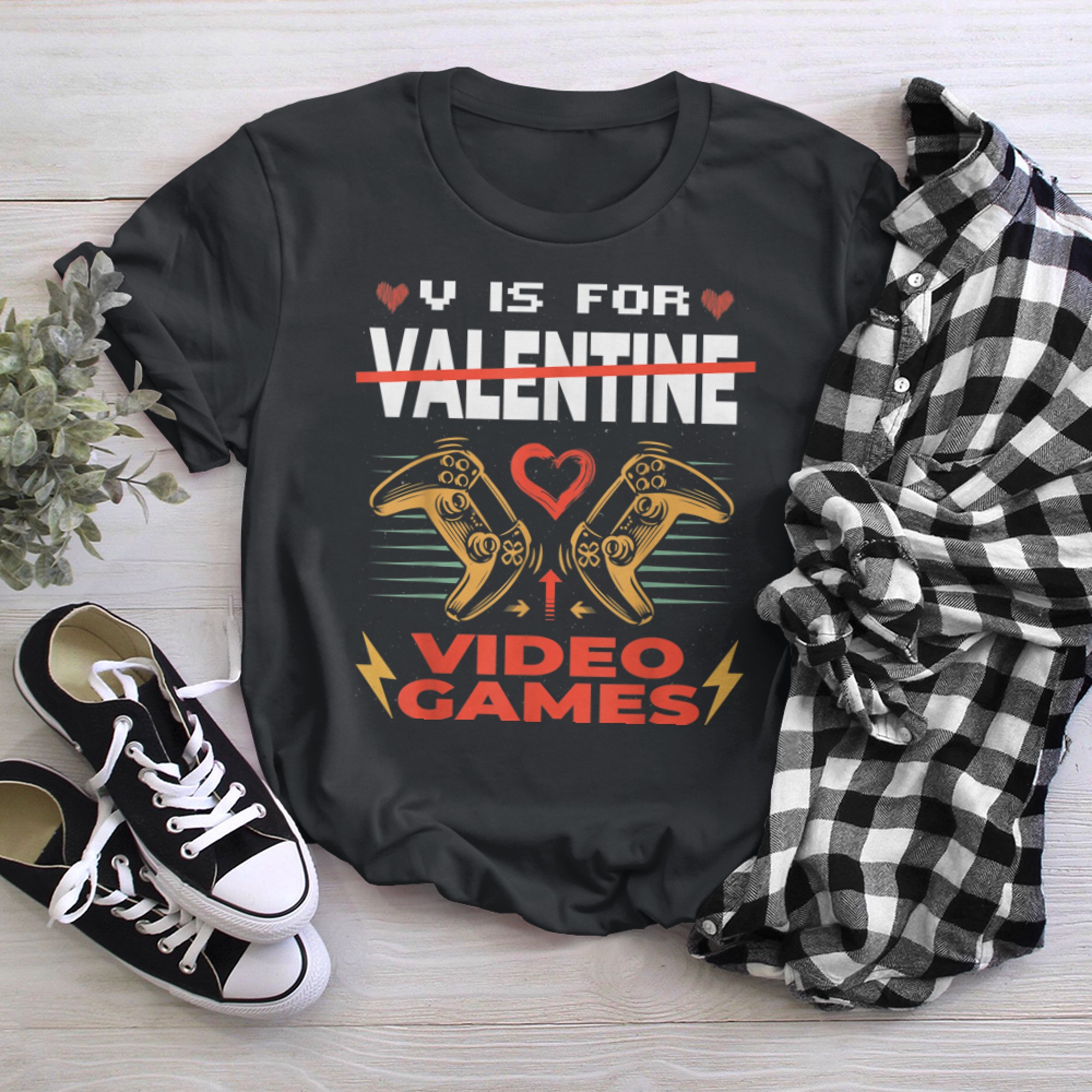 V is for valentine video games valentines day gamer boy t-shirt black