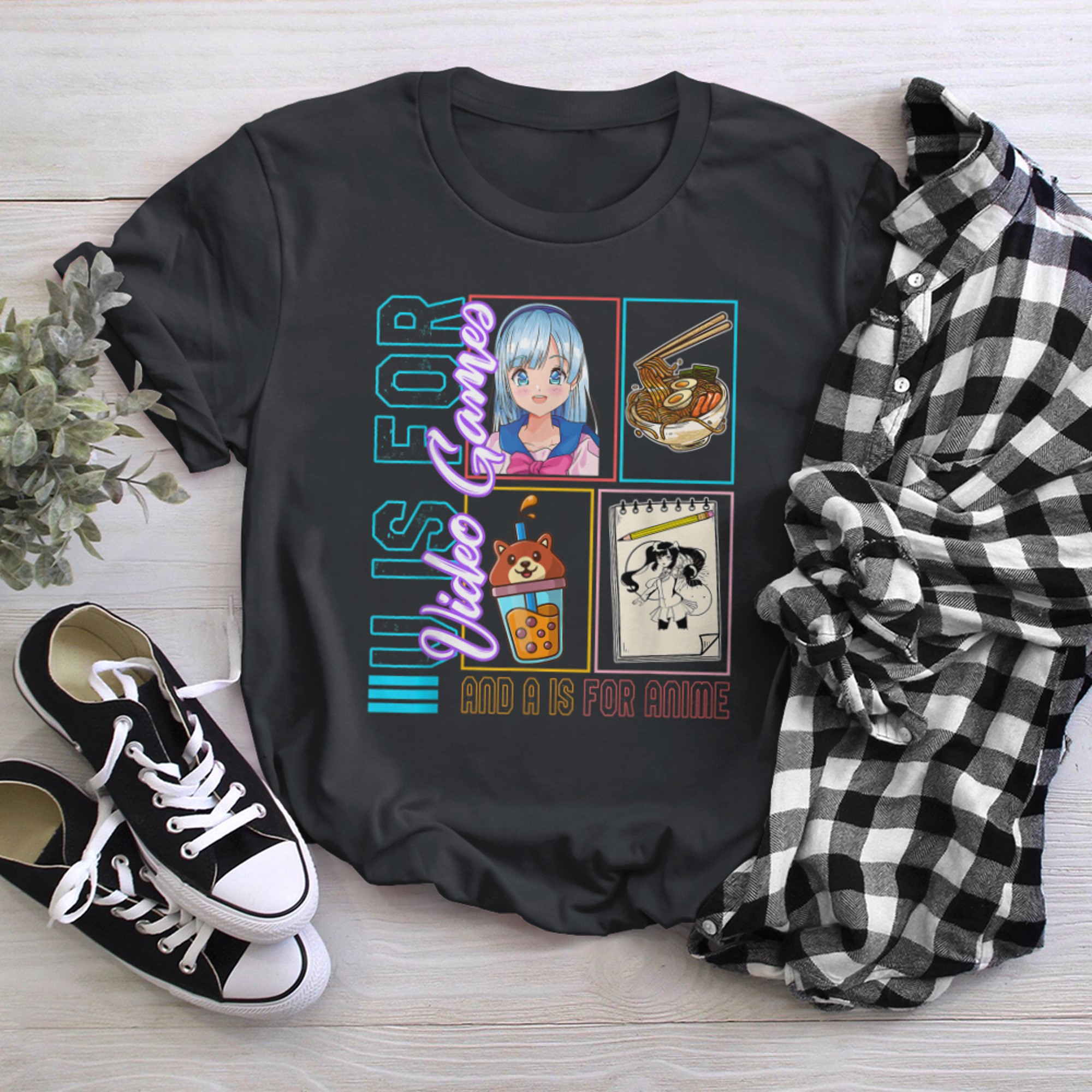 V Is For Video Games And A Is Fornime, Anime Otaku Girl Japa t-shirt black