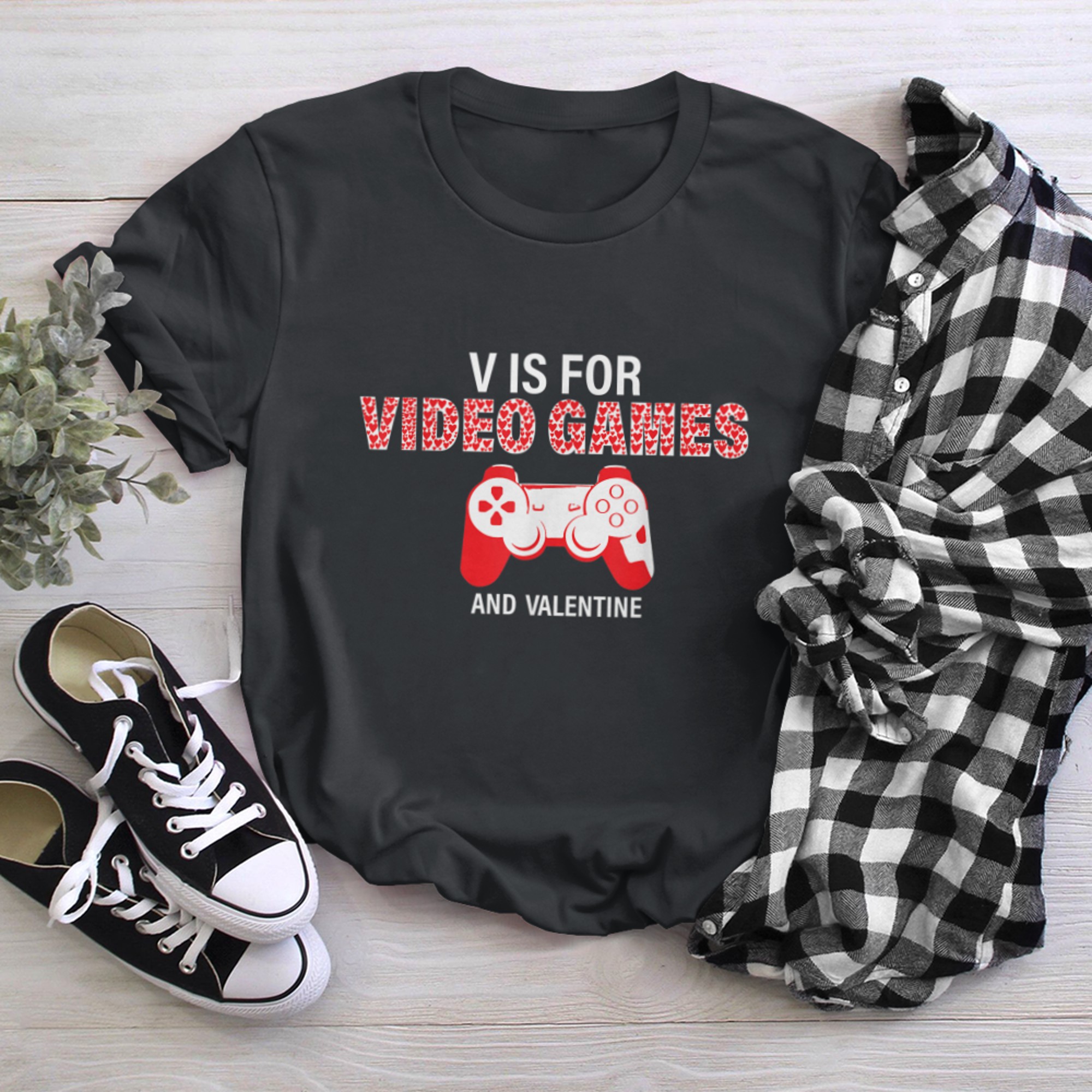 V Is For Video Games And Valentine t-shirt black