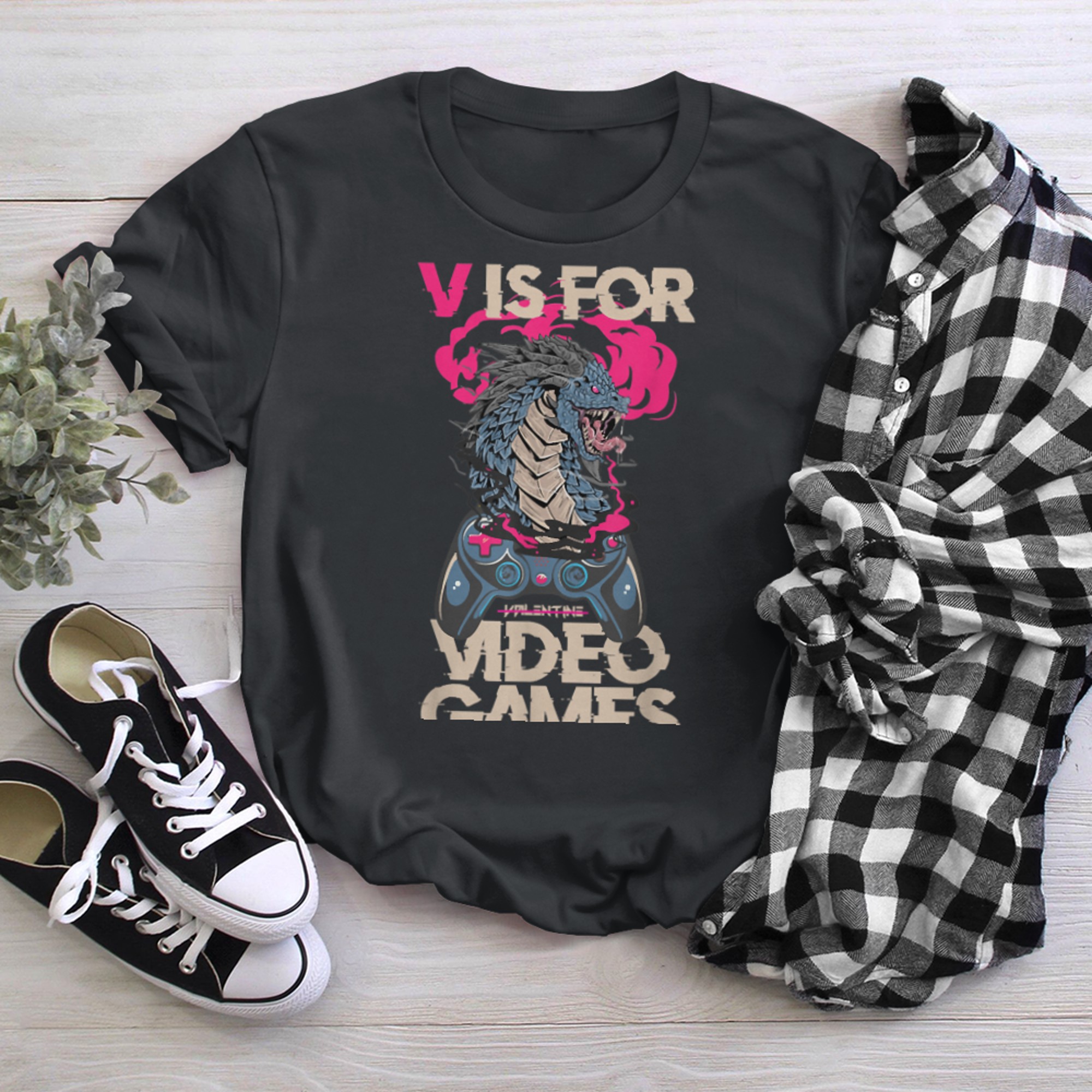 V is for Video Games anti Valentines Day T-rex Costume t-shirt black