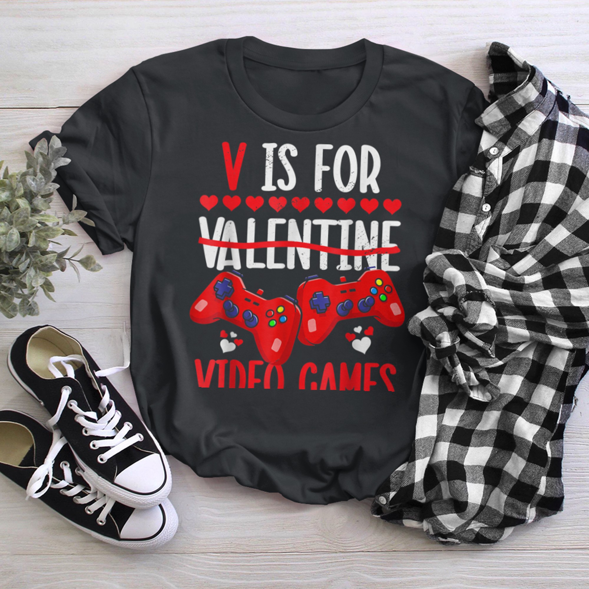 V Is For Video Games Awesome Valentine Day Cute Heart Player t-shirt black