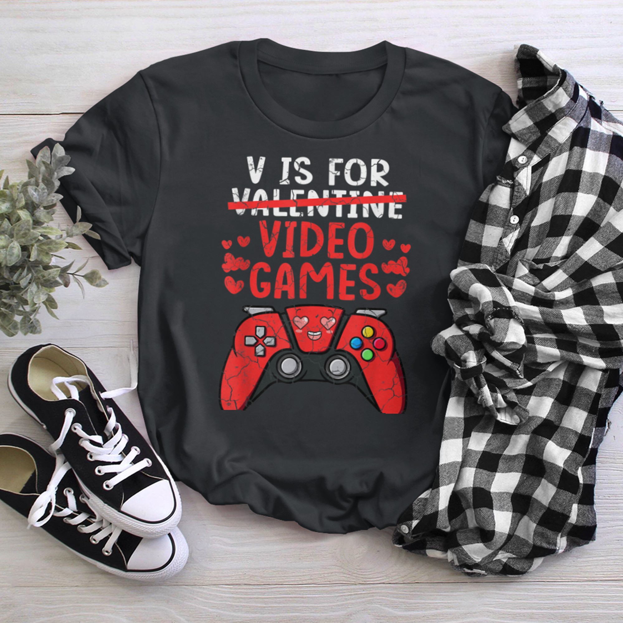 V Is For Video Games Controller Funny Valentines Day Gamer t-shirt black