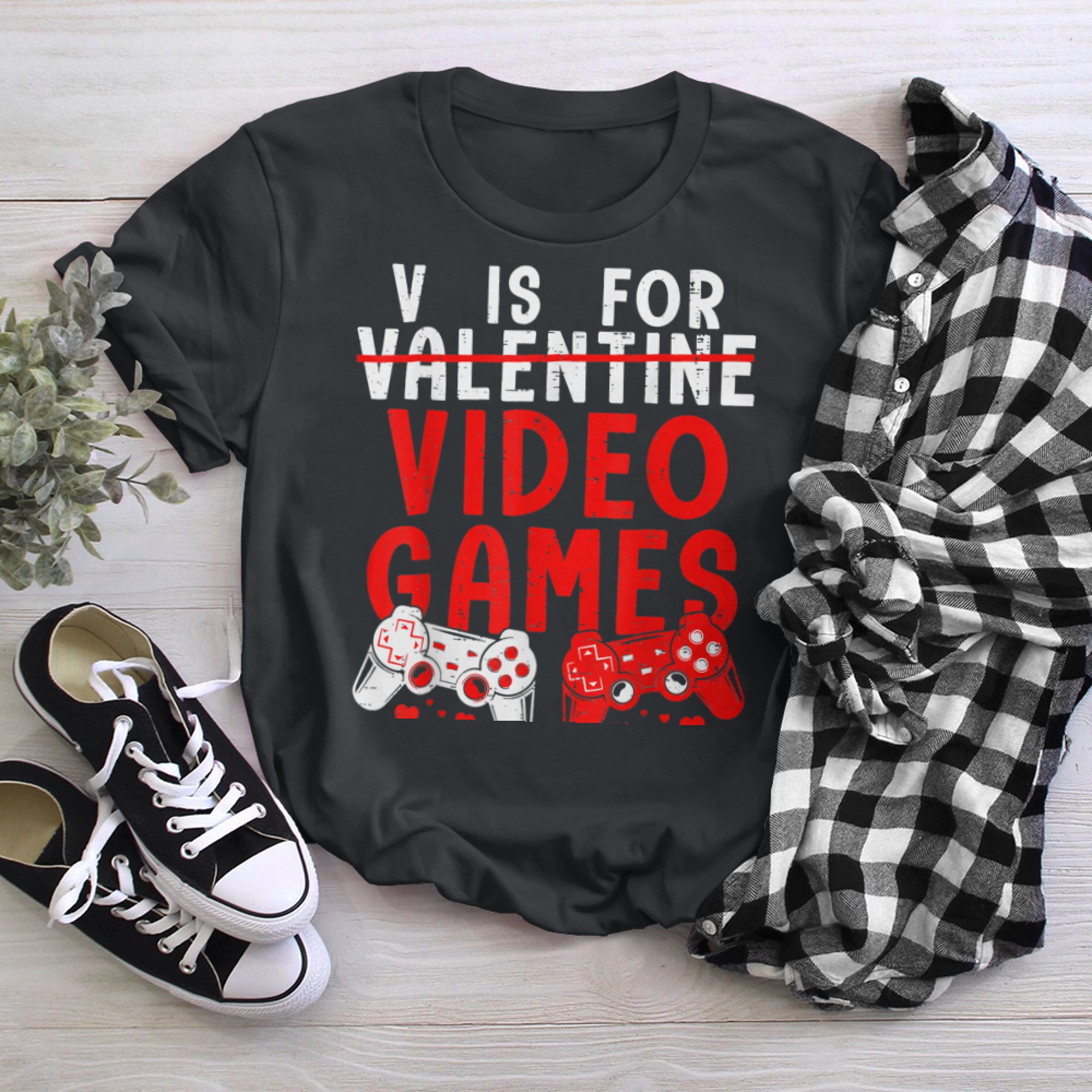 V Is For Video Games Controllers Funny Gamers Valentines Day t-shirt black