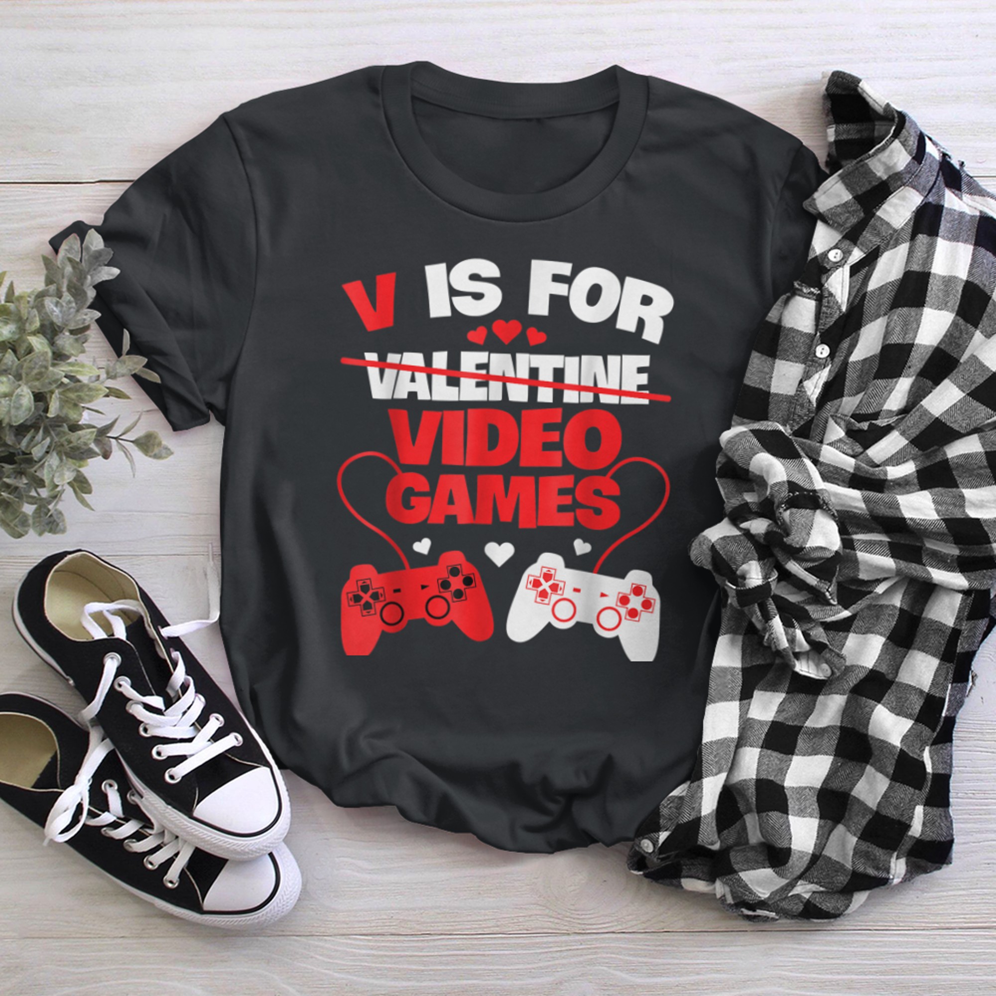 V Is For Video Games Controllers Funny Gaming Valentines Day t-shirt black