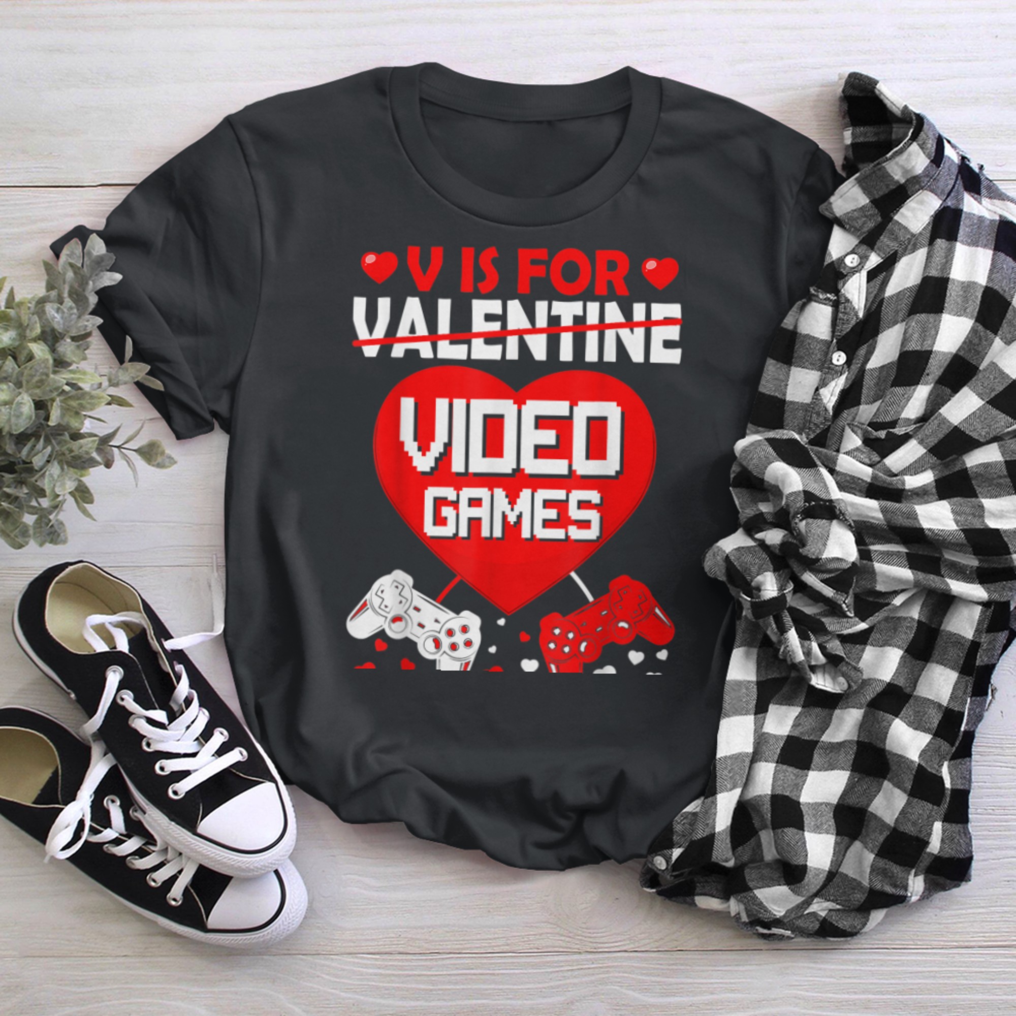 V Is For Video Games Controllers Hearts Gamer Valentines Day t-shirt black