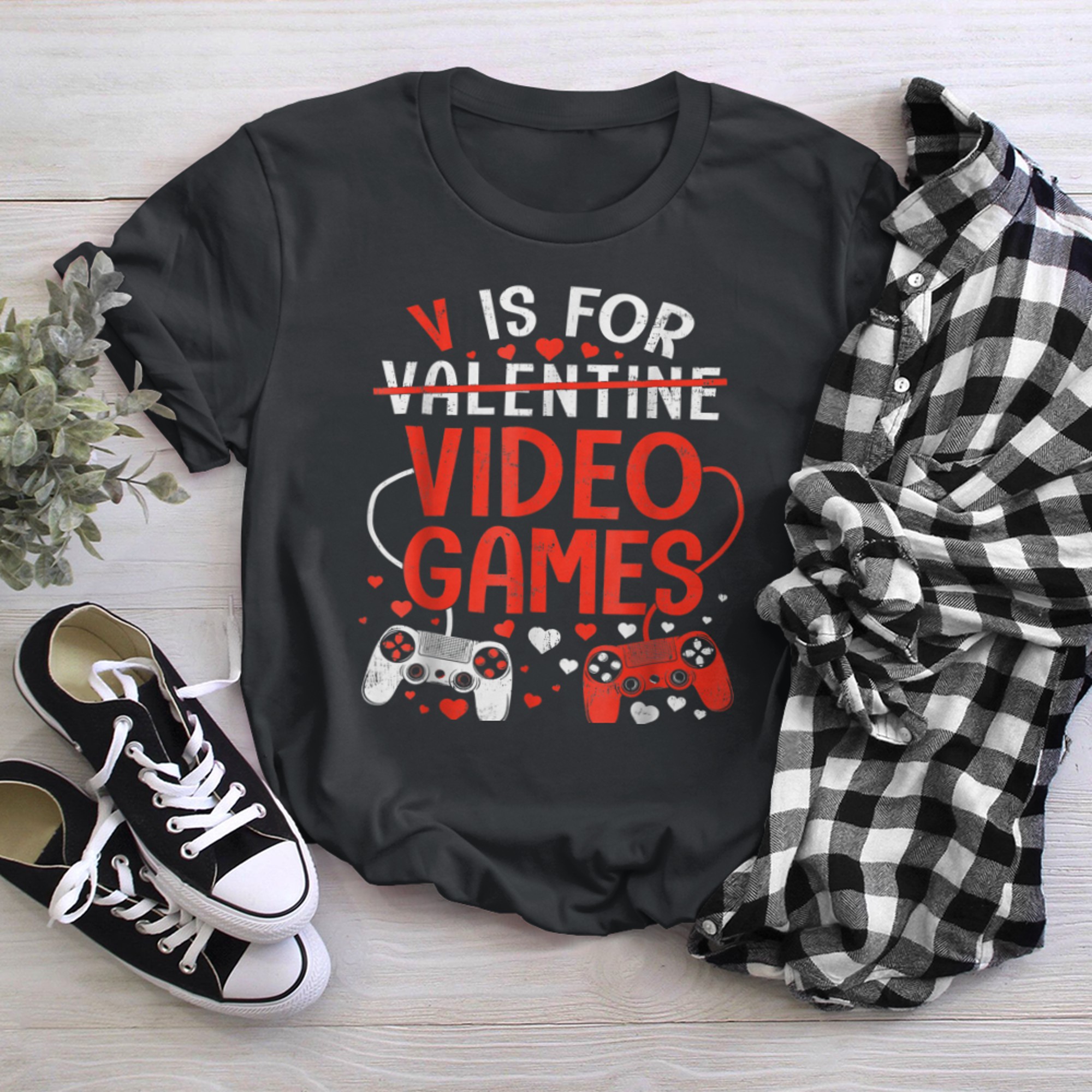 V Is For Video Games Controllers Valentines Day Funny Gaming t-shirt black