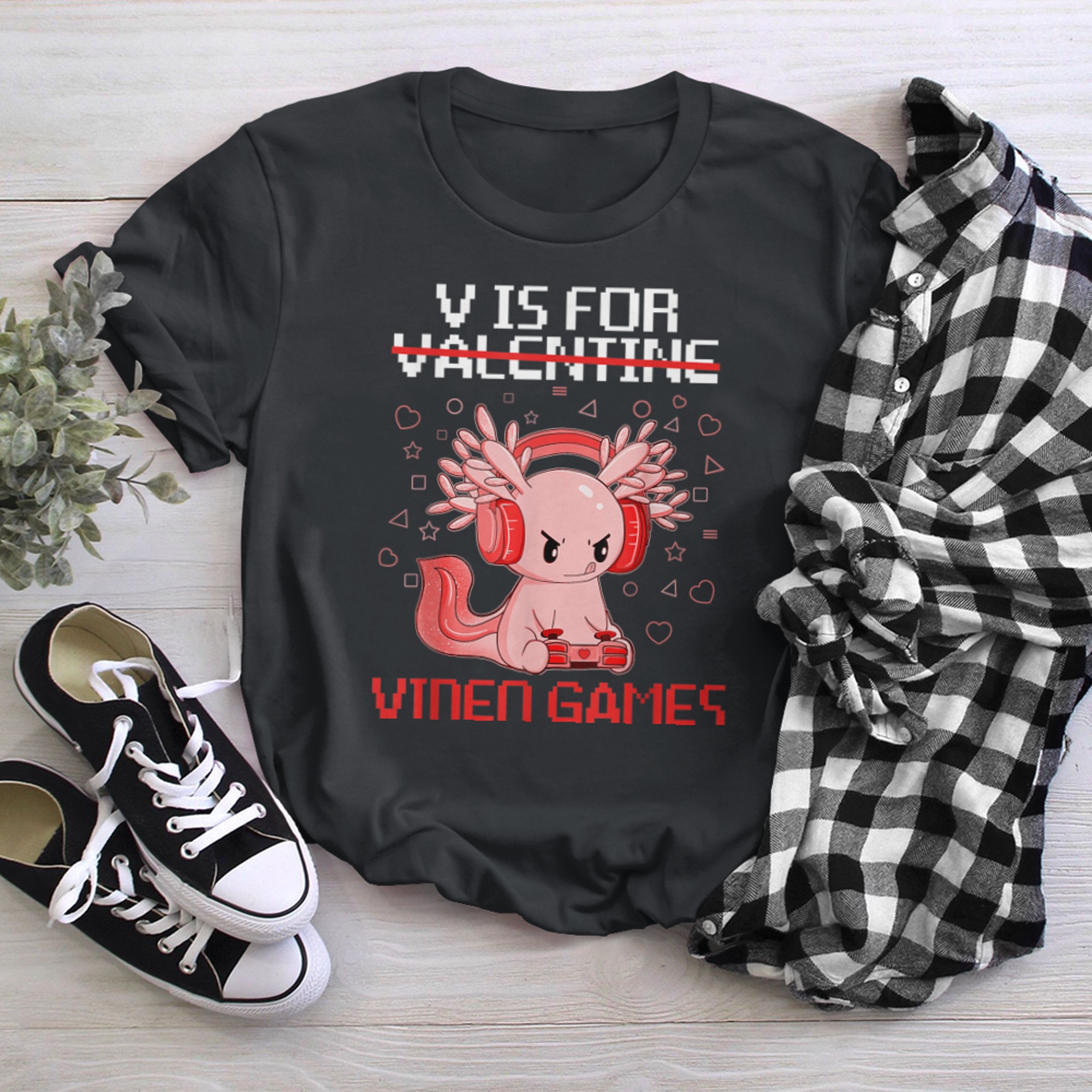 V Is For Video Games Cute Axolotl Funny Valentines Day Gamer t-shirt black