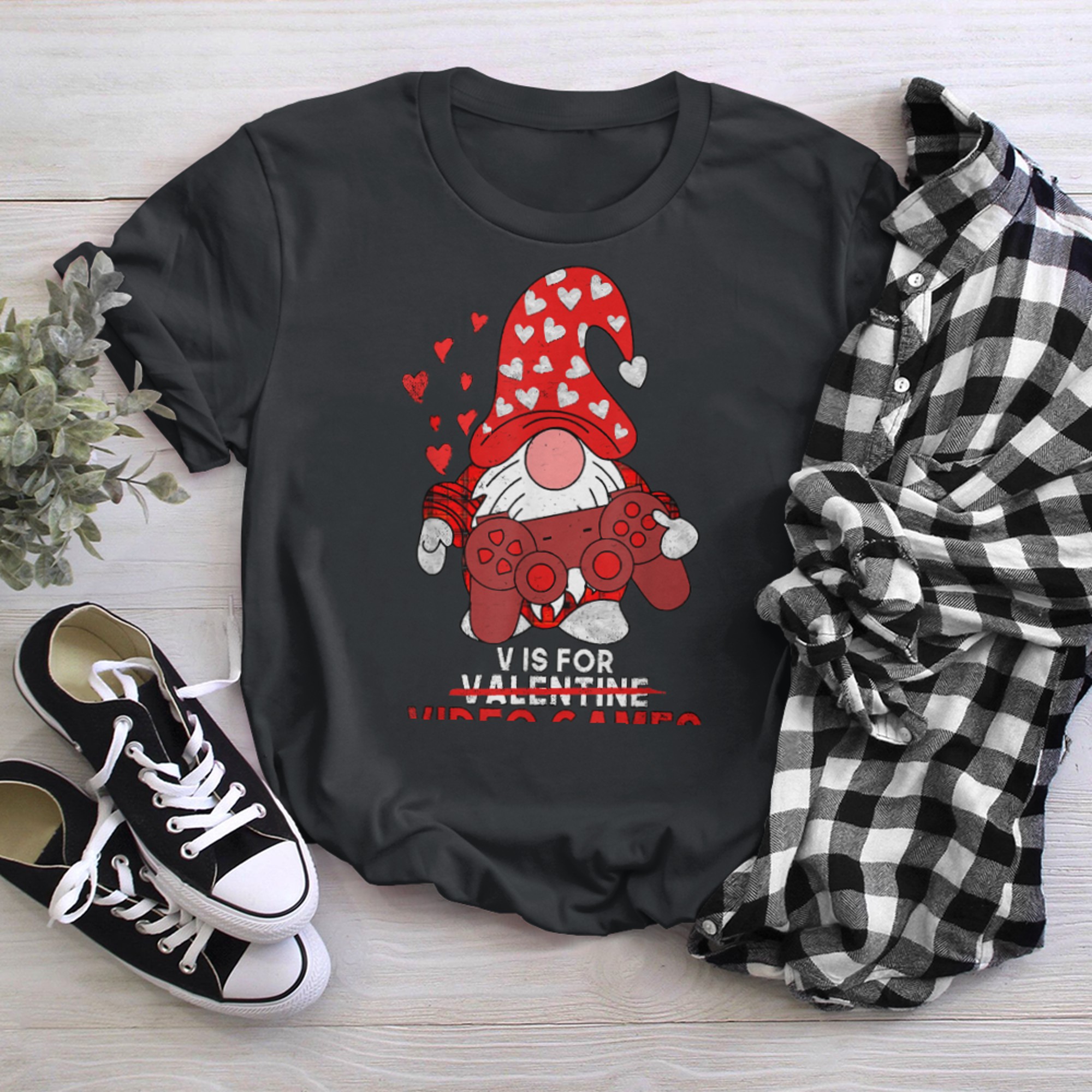 V Is For Video Games Cute Gnome Valentines Day Gamer t-shirt black