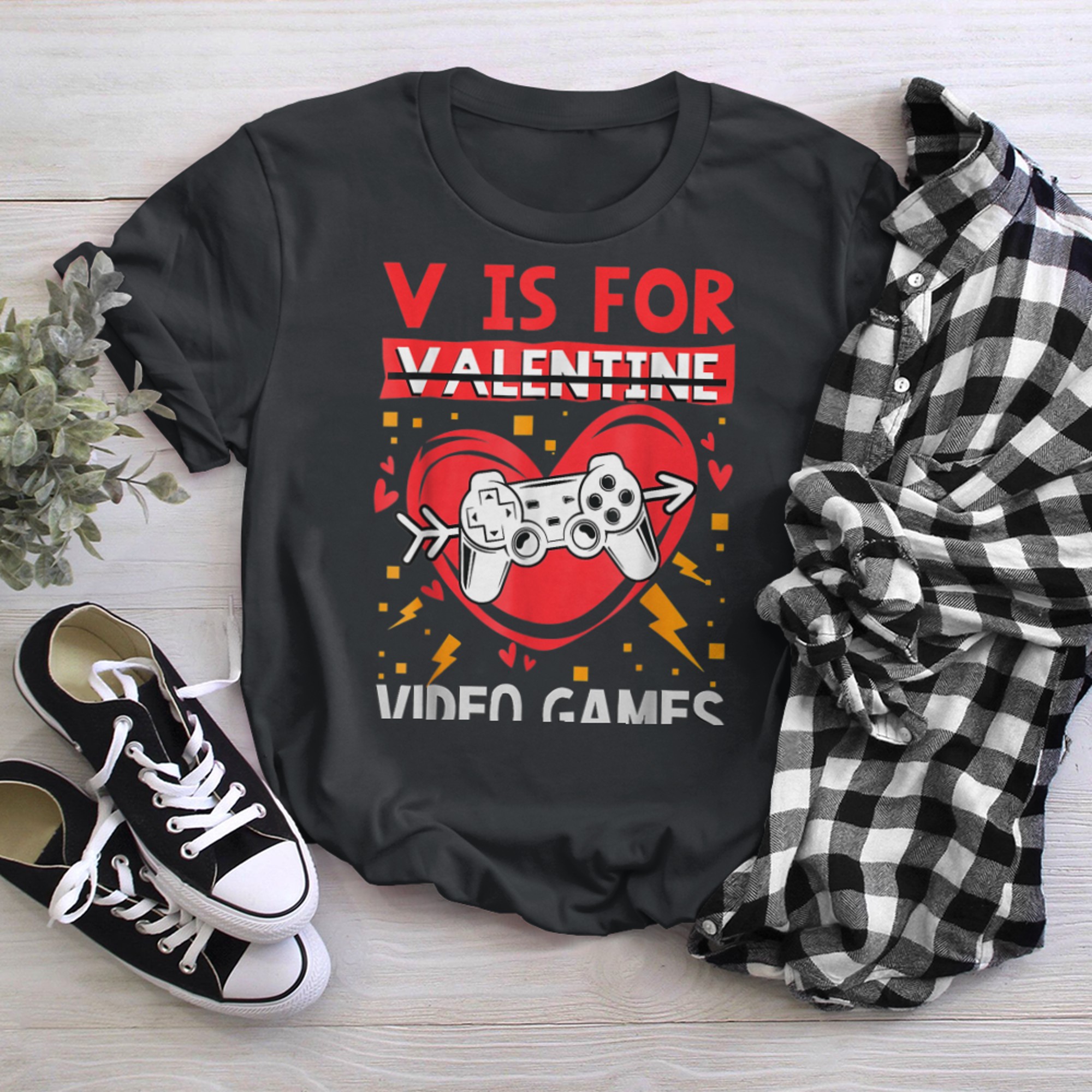 V Is For Video Games Funny Anti Valentine's Day Gamer t-shirt black