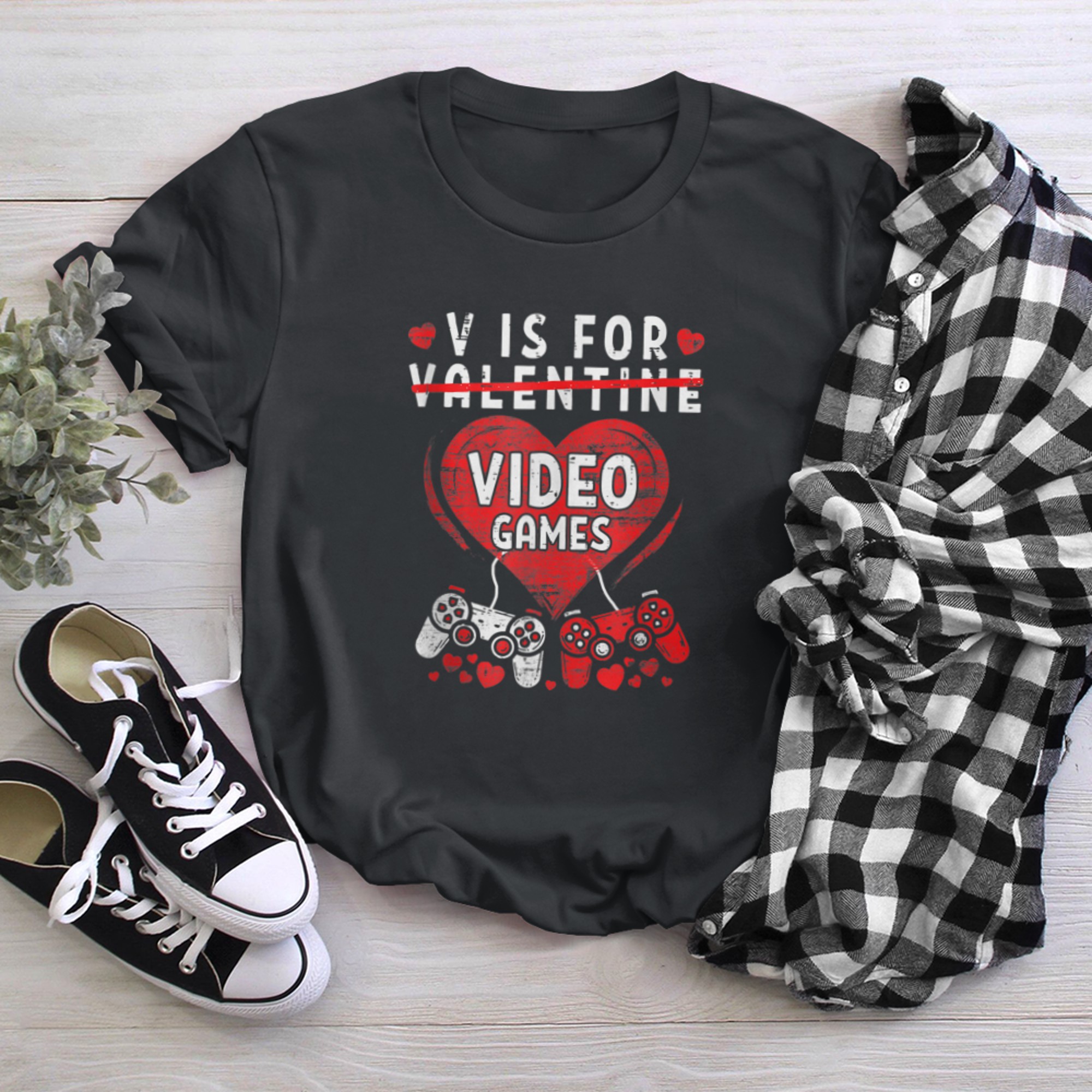 V Is For Video Games Funny Couple shirt Valentine days t-shirt black