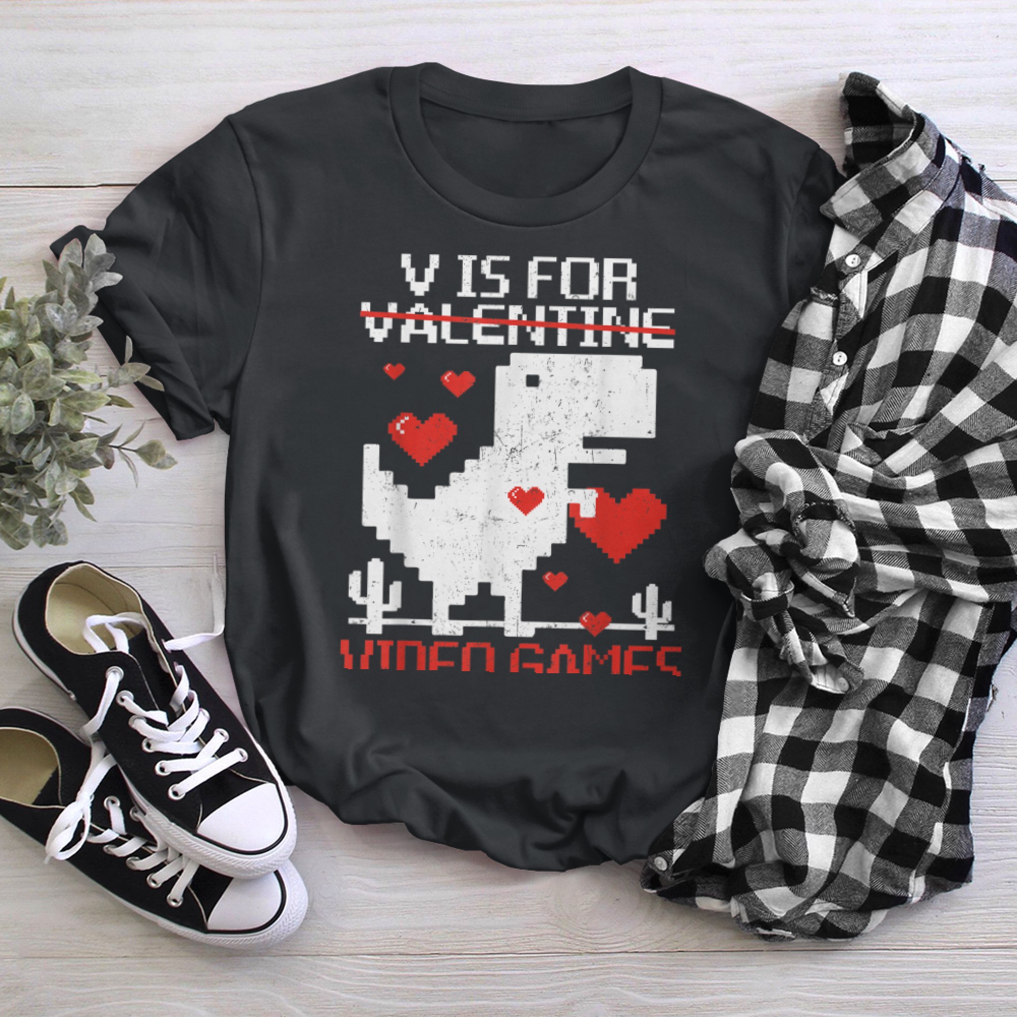 V Is For Video Games Funny Dinosaur T Rex Valentine's Day t-shirt black