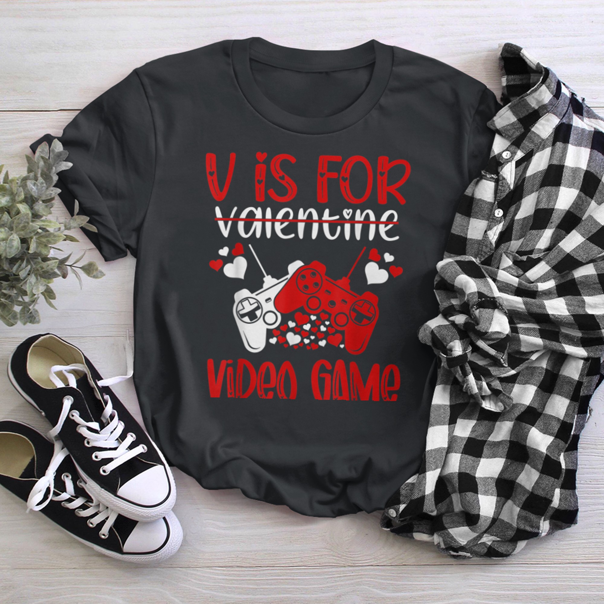 V Is For Video Games Funny Game Gaming Lover Valentines Day t-shirt black