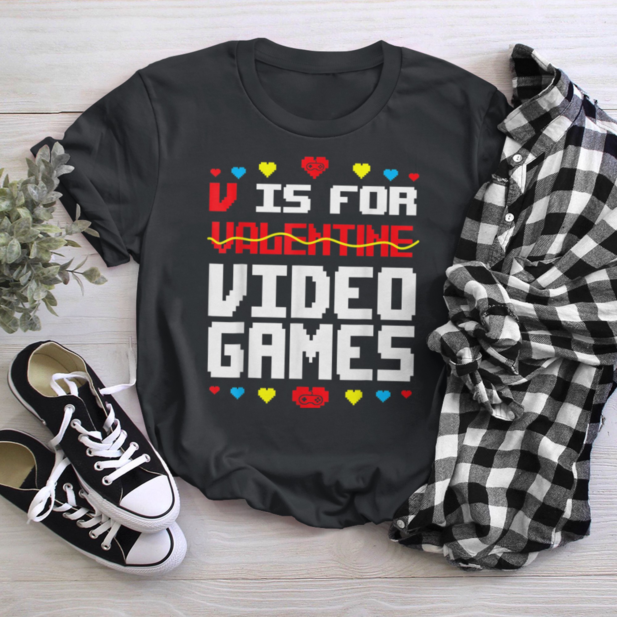 V Is For Video Games Funny Gamer Anti Valentine's Days t-shirt black