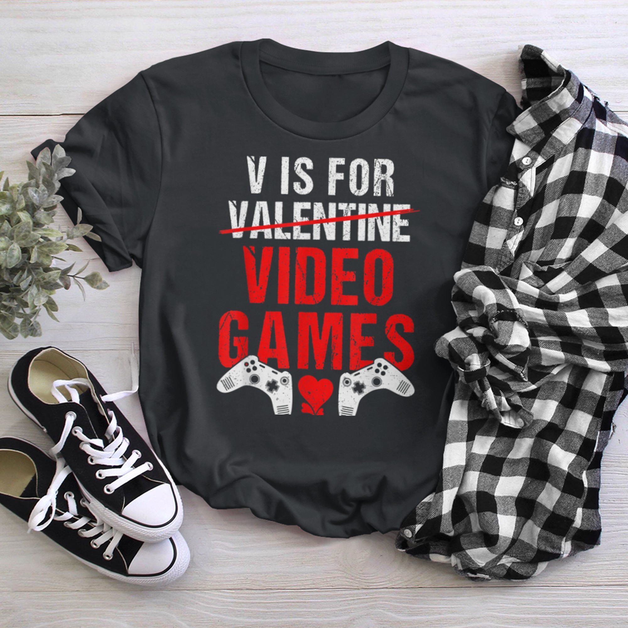 V Is For Video Games Funny Gamer Controller Valentines Day t-shirt black