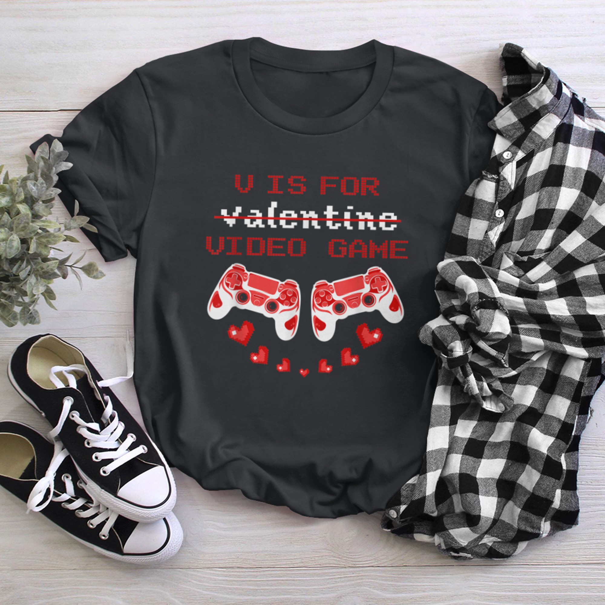 V Is For Video Games Funny Gamer Gaming Valentine's Day 2023 t-shirt black