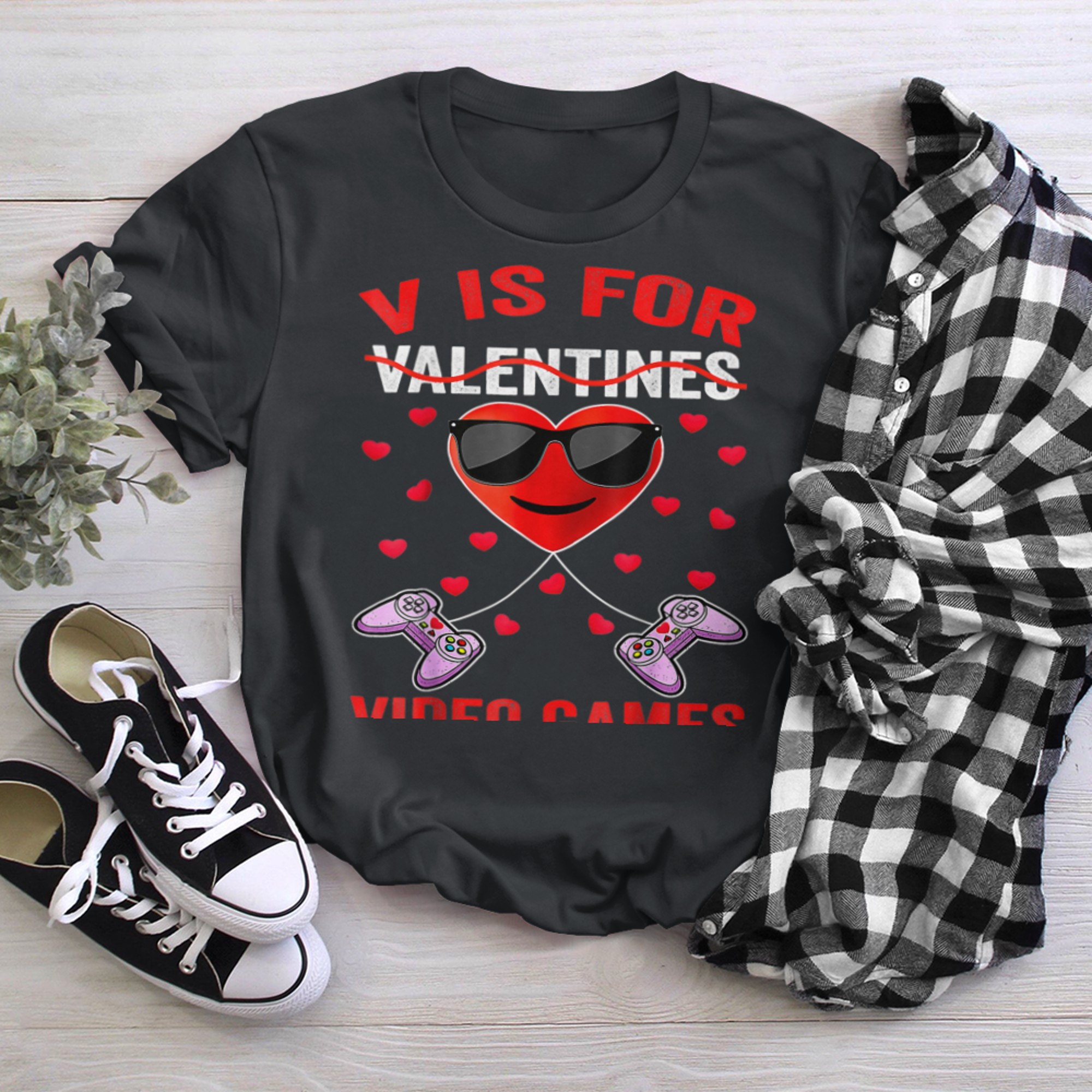 V Is For Video Games Funny Gamer Gaming Valentines Day t-shirt black