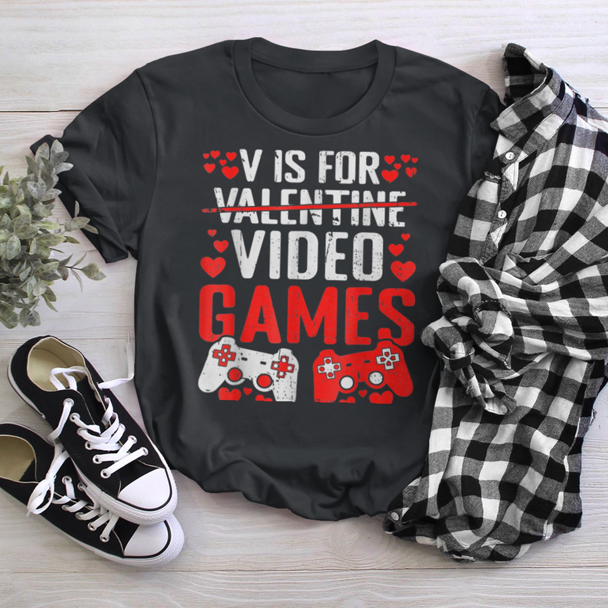 V Is For Video Games Funny Gamer Kids Boys Valentines Day (32) t-shirt black