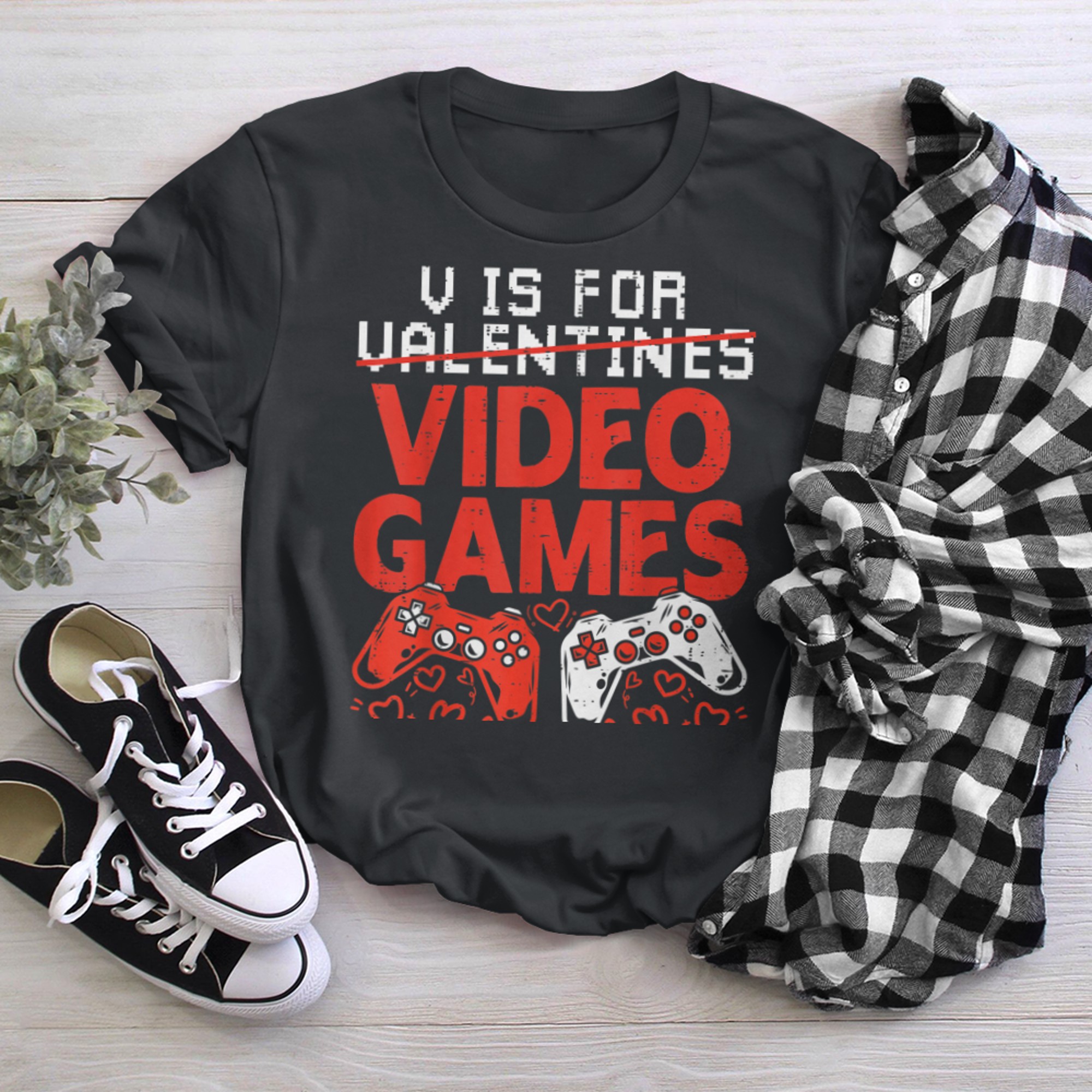 V Is For Video Games Funny Gamer Kids Boys Valentines Day (6) t-shirt black