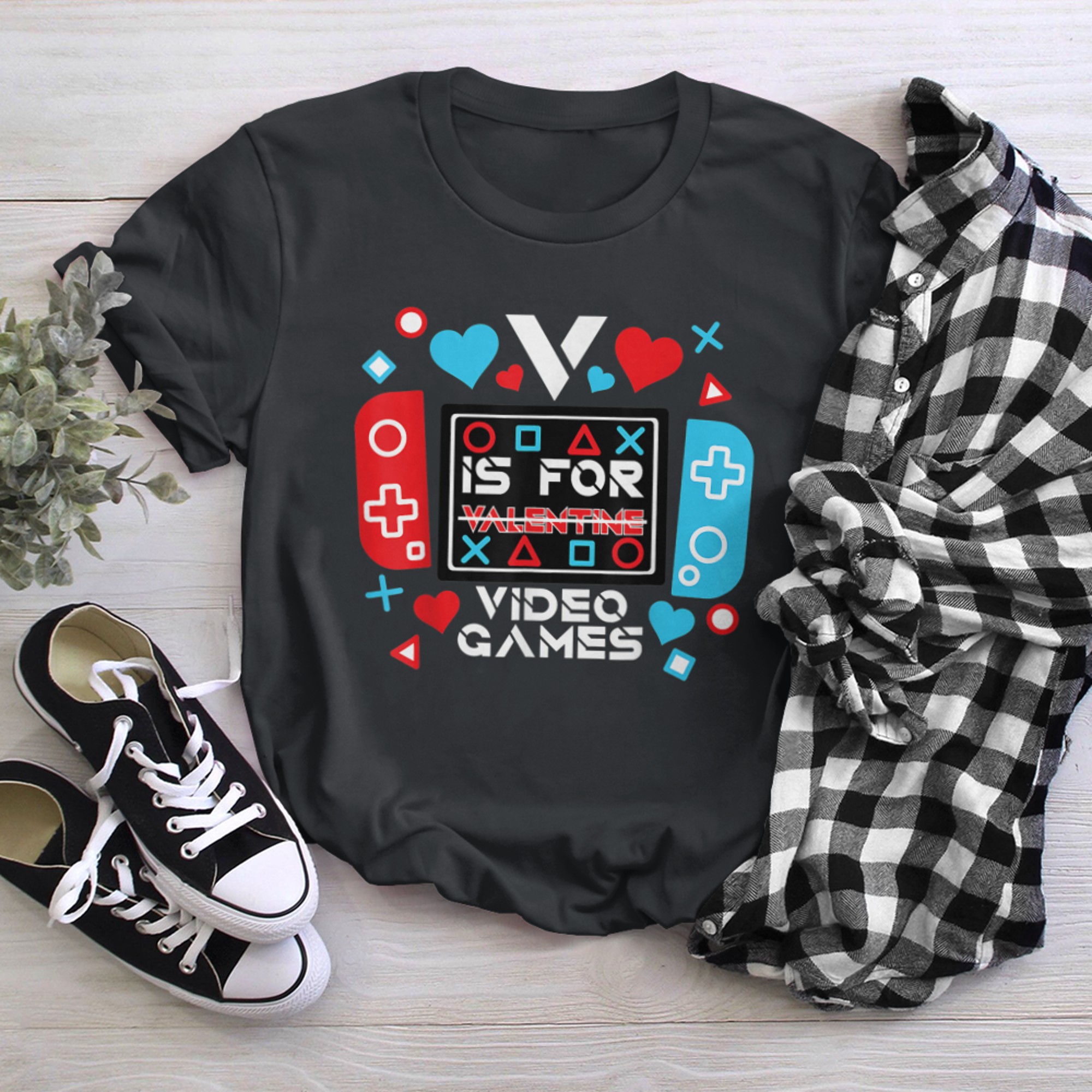 V Is For Video Games Funny Gamer Kids Boys Valentines Day t-shirt black