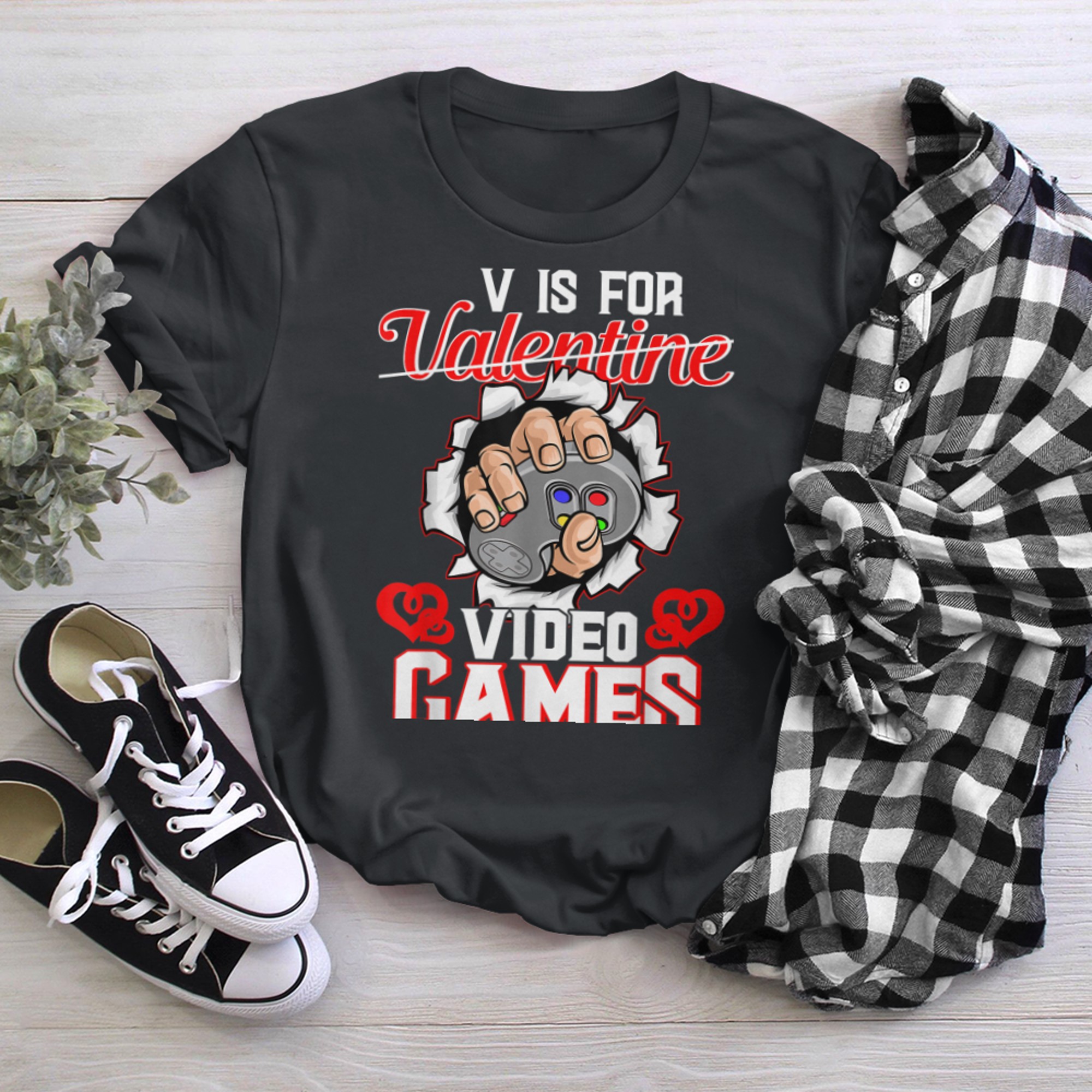 V Is For Video Games Funny Gamer Valentines Day Boys Kids (2) t-shirt black