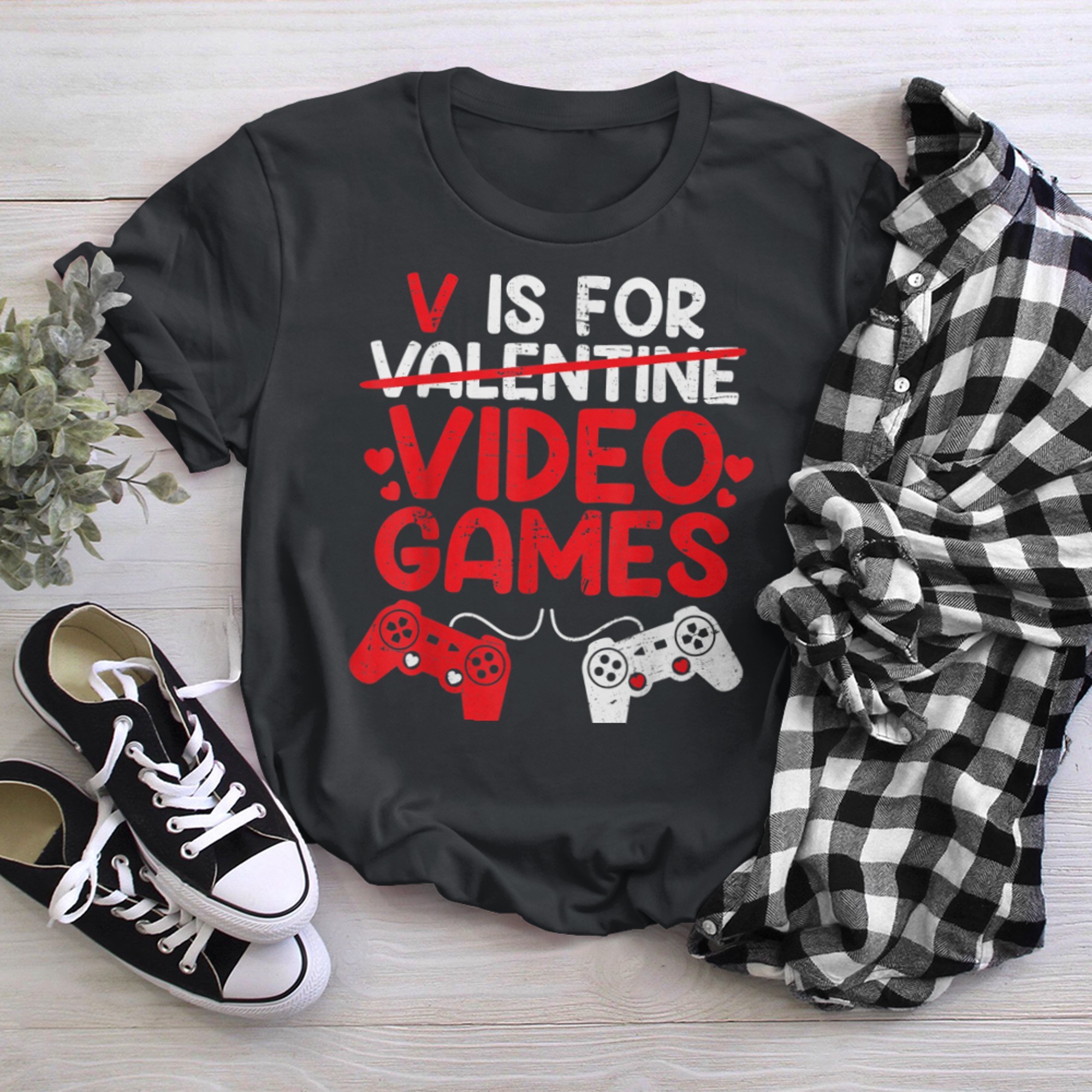 V Is For Video Games Funny Gamer Valentines Day Boys Kids (5) t-shirt black