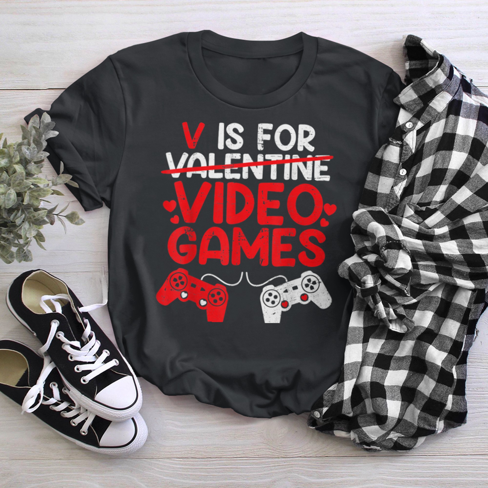 V Is For Video Games Funny Gamer Valentines Day Boys Kids t-shirt black