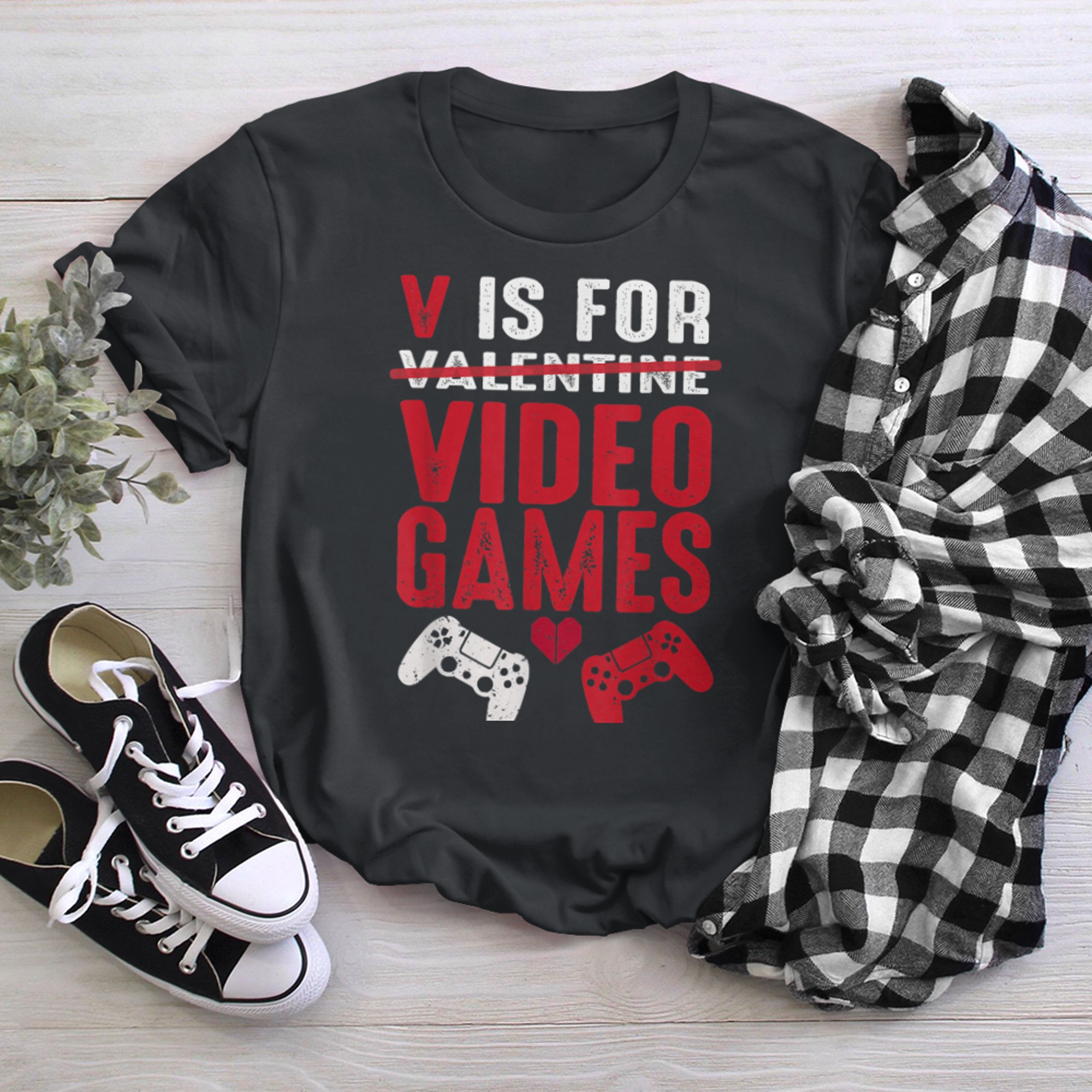 V Is For Video Games Funny Gamers Valentines Day Outfit t-shirt black