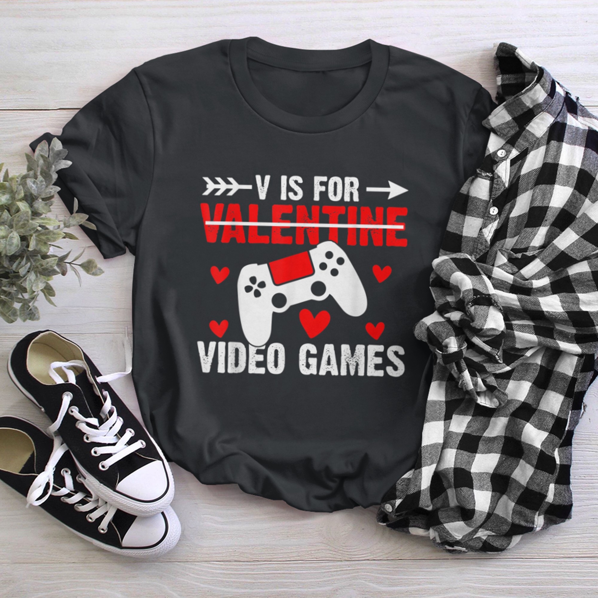 V Is for Video Games Funny kids Valentines Day Gamer Boy t-shirt black