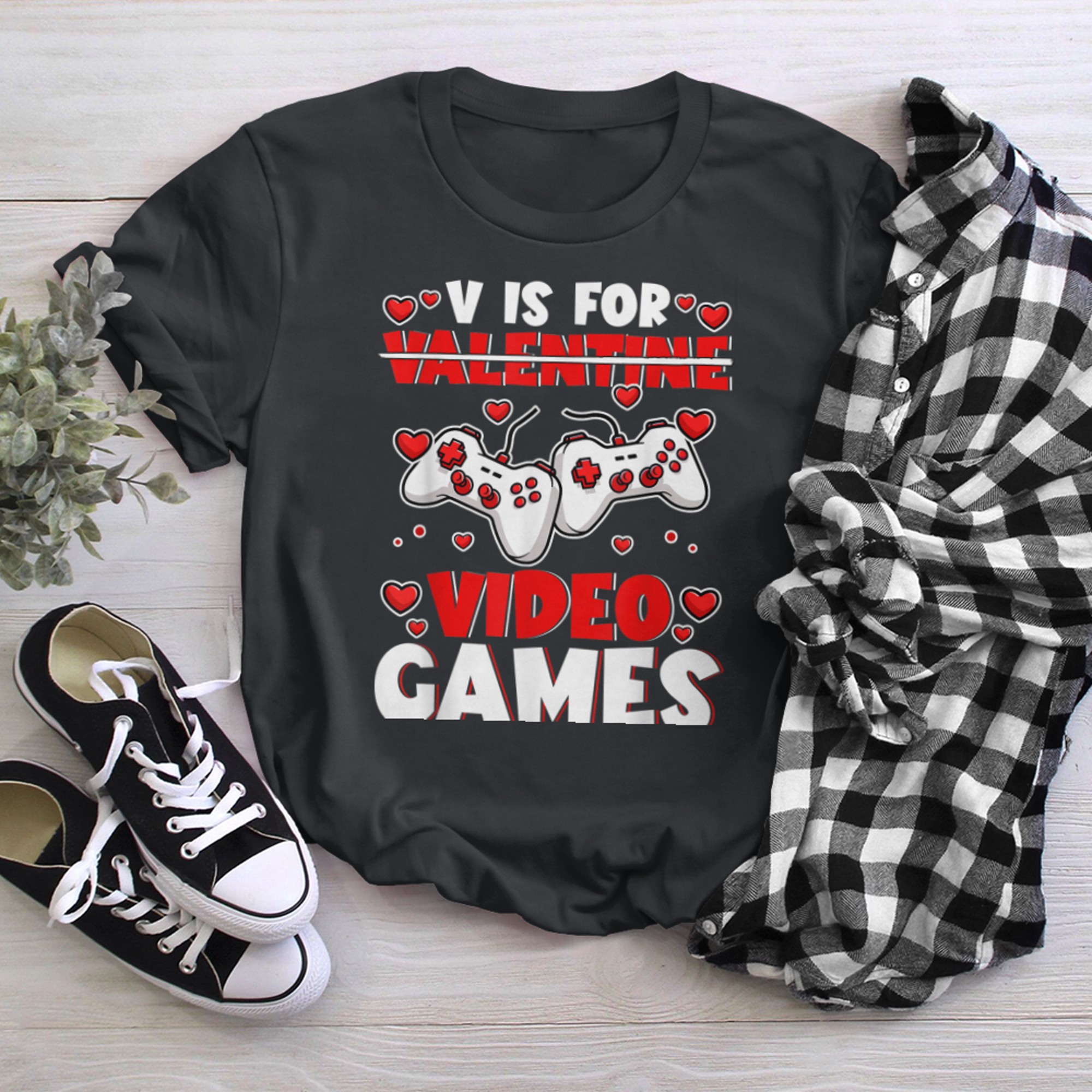 V Is For Video Games Funny Valentine Day Gamer Gaming Lover t-shirt black