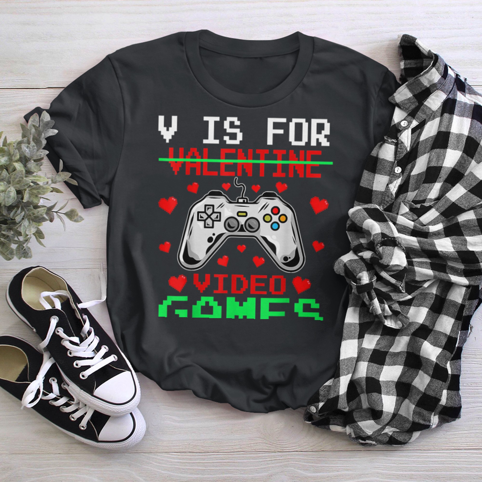 V Is For Video Games Funny Valentine Gamer Game Lover t-shirt black