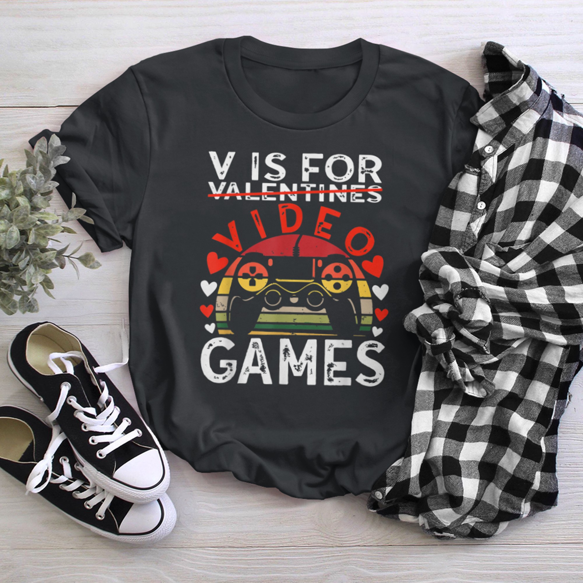 V Is For Video Games Funny Valentine Gamer Game Lovers (3) t-shirt black