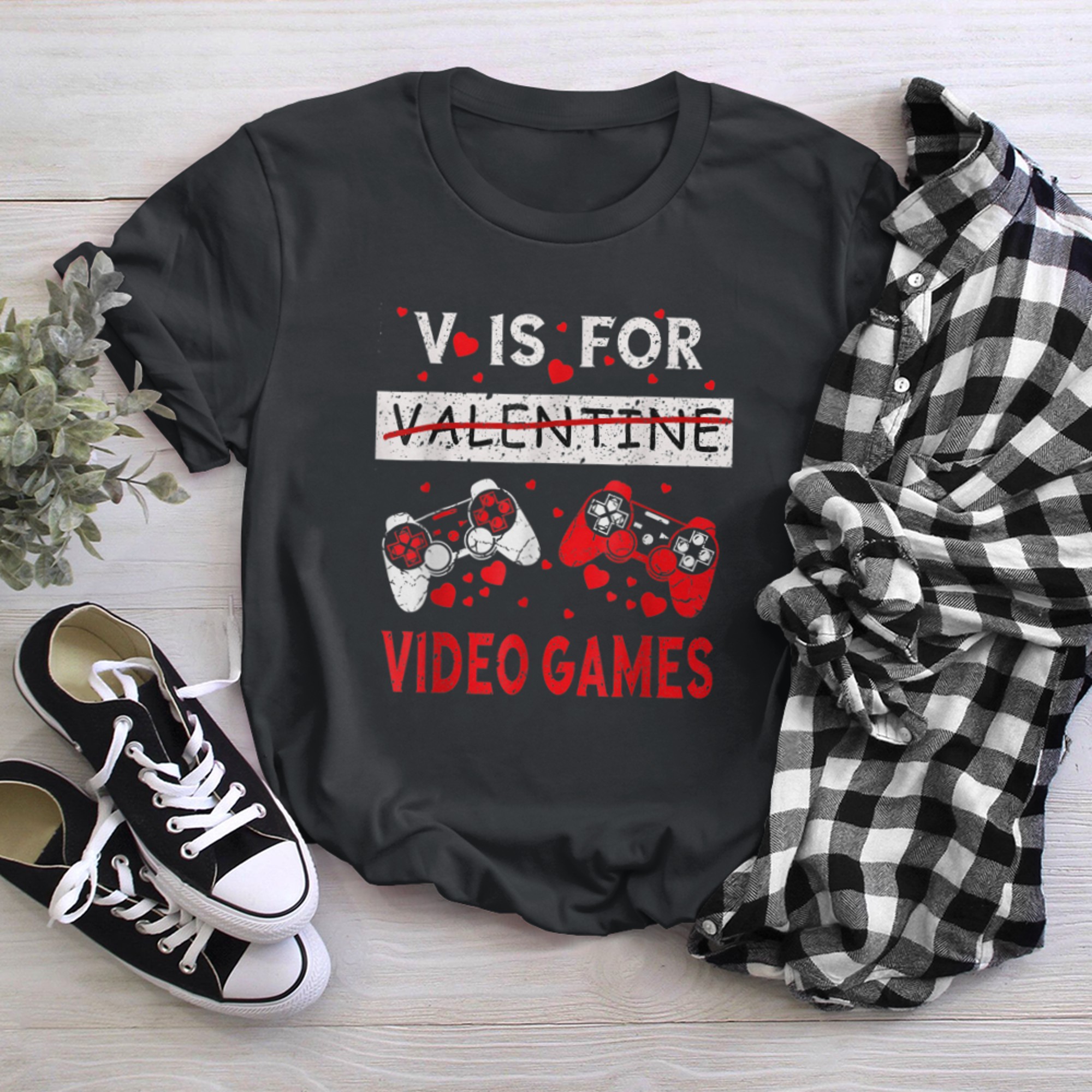 V Is For Video Games Funny Valentine Gamer Game Lovers (6) t-shirt black