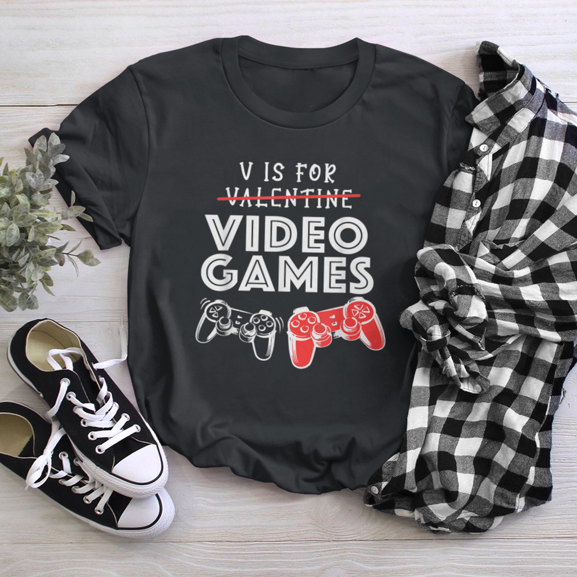 V Is For Video Games Funny Valentine Gamer Game Lovers t-shirt black