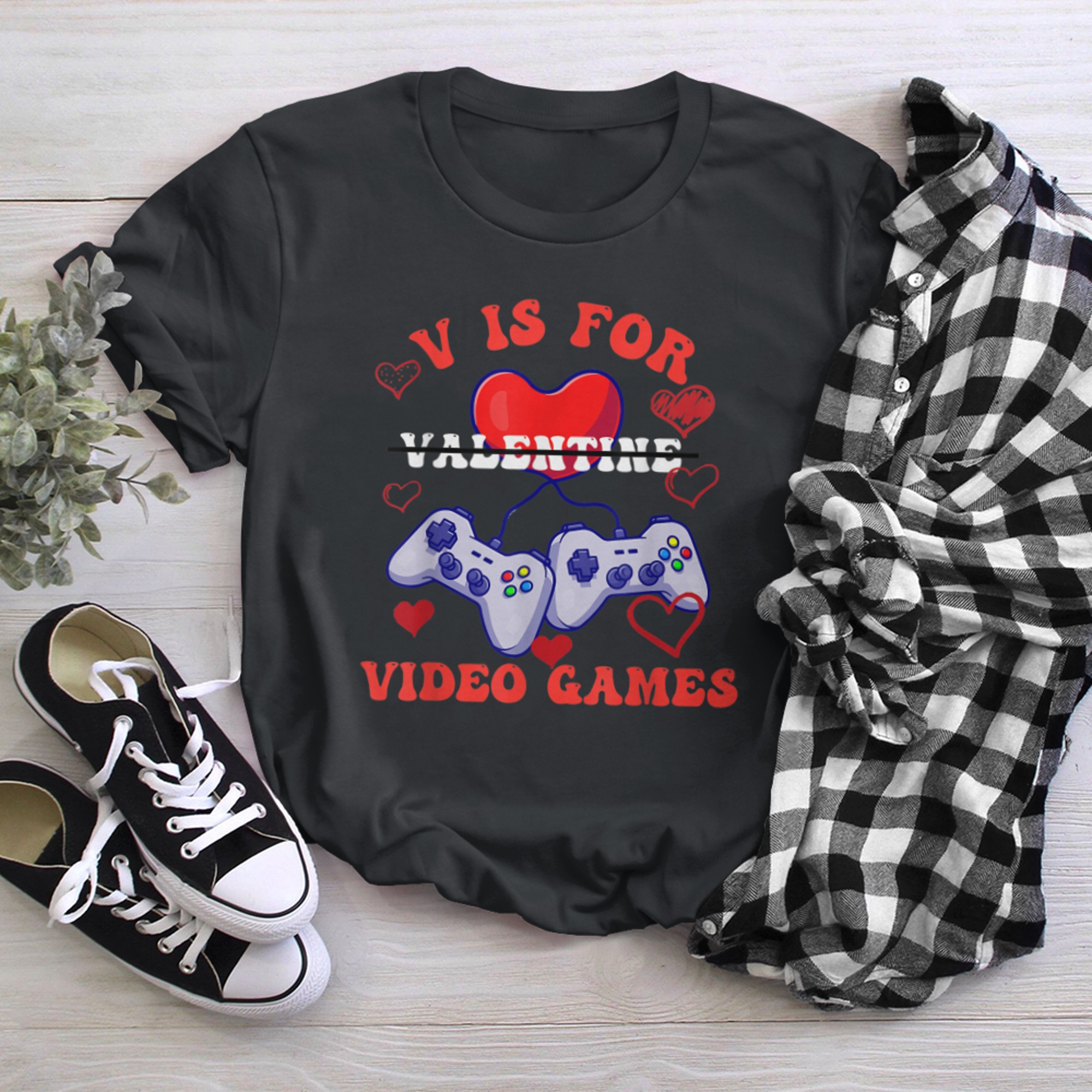 V Is For Video Games Funny Valentines Day Funny Gamer t-shirt black