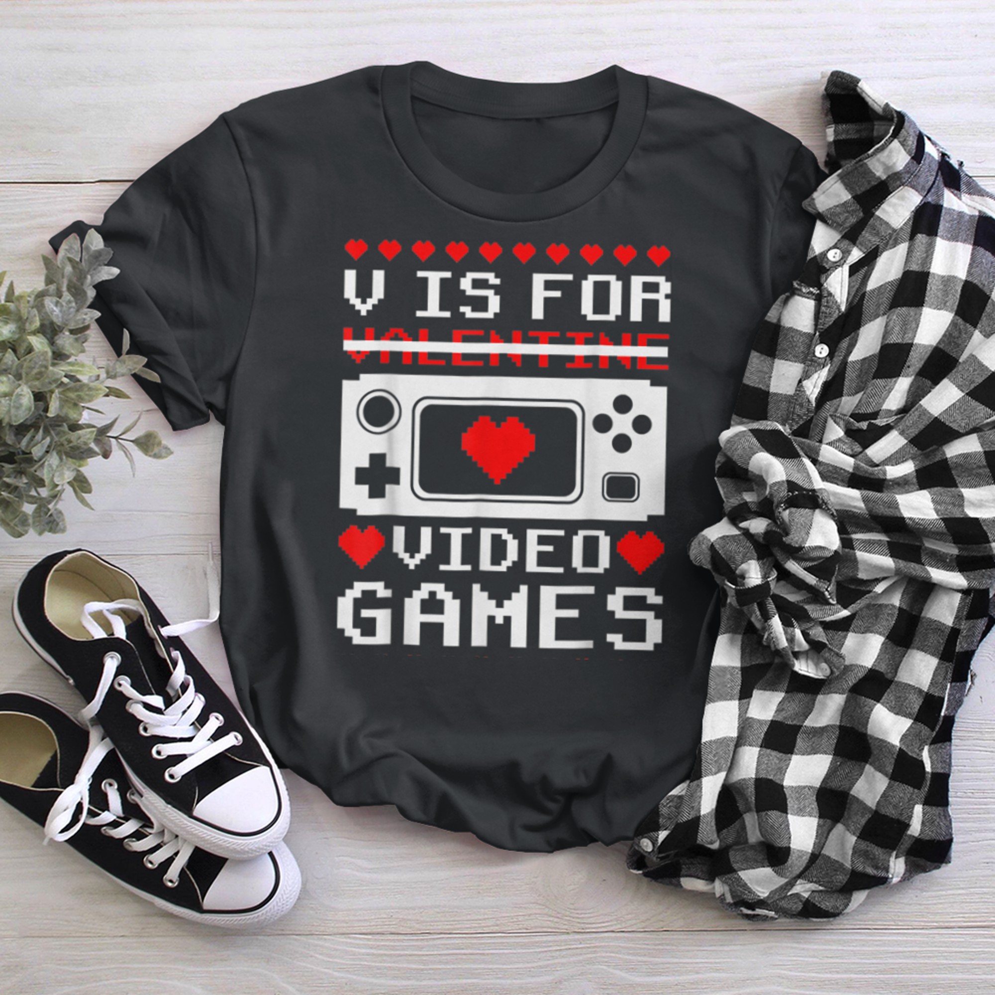 V Is For Video Games Funny Valentine's Day Gamer (2) t-shirt black