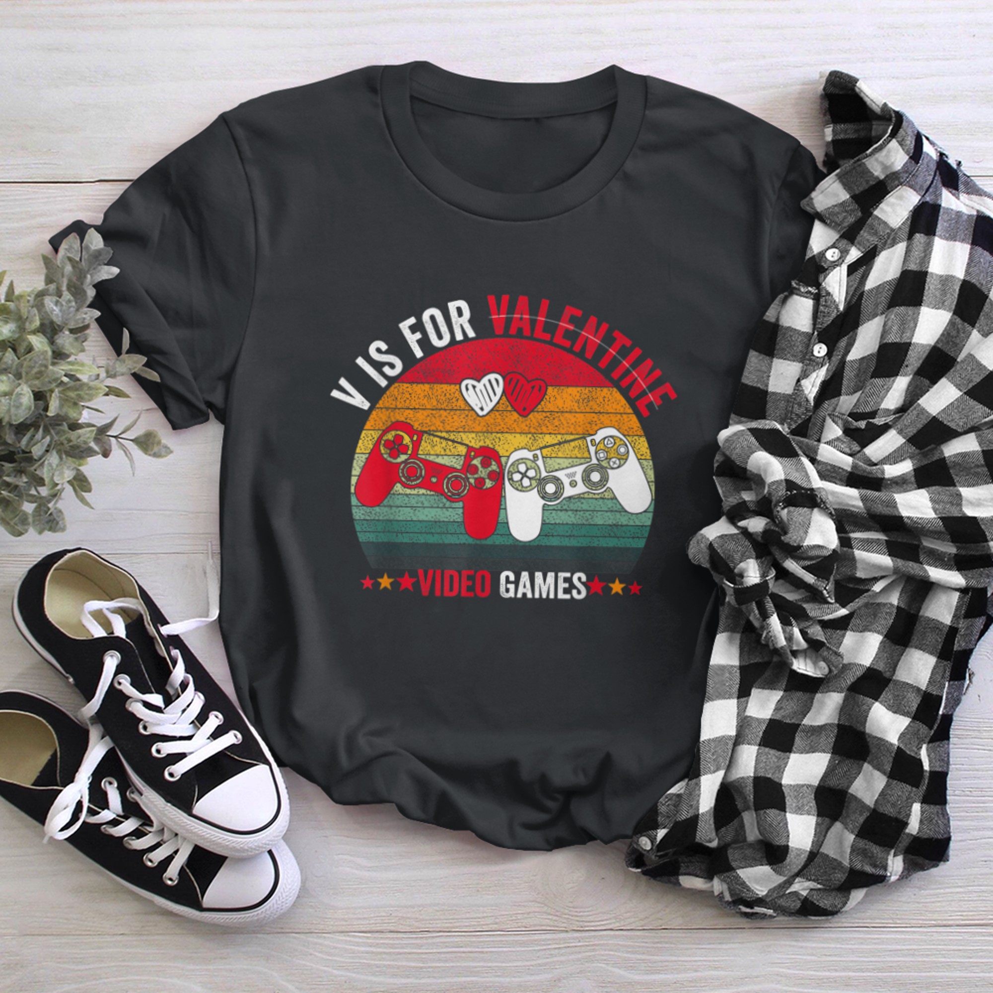 V Is For Video Games Funny Valentines Day Gamer Adults t-shirt black