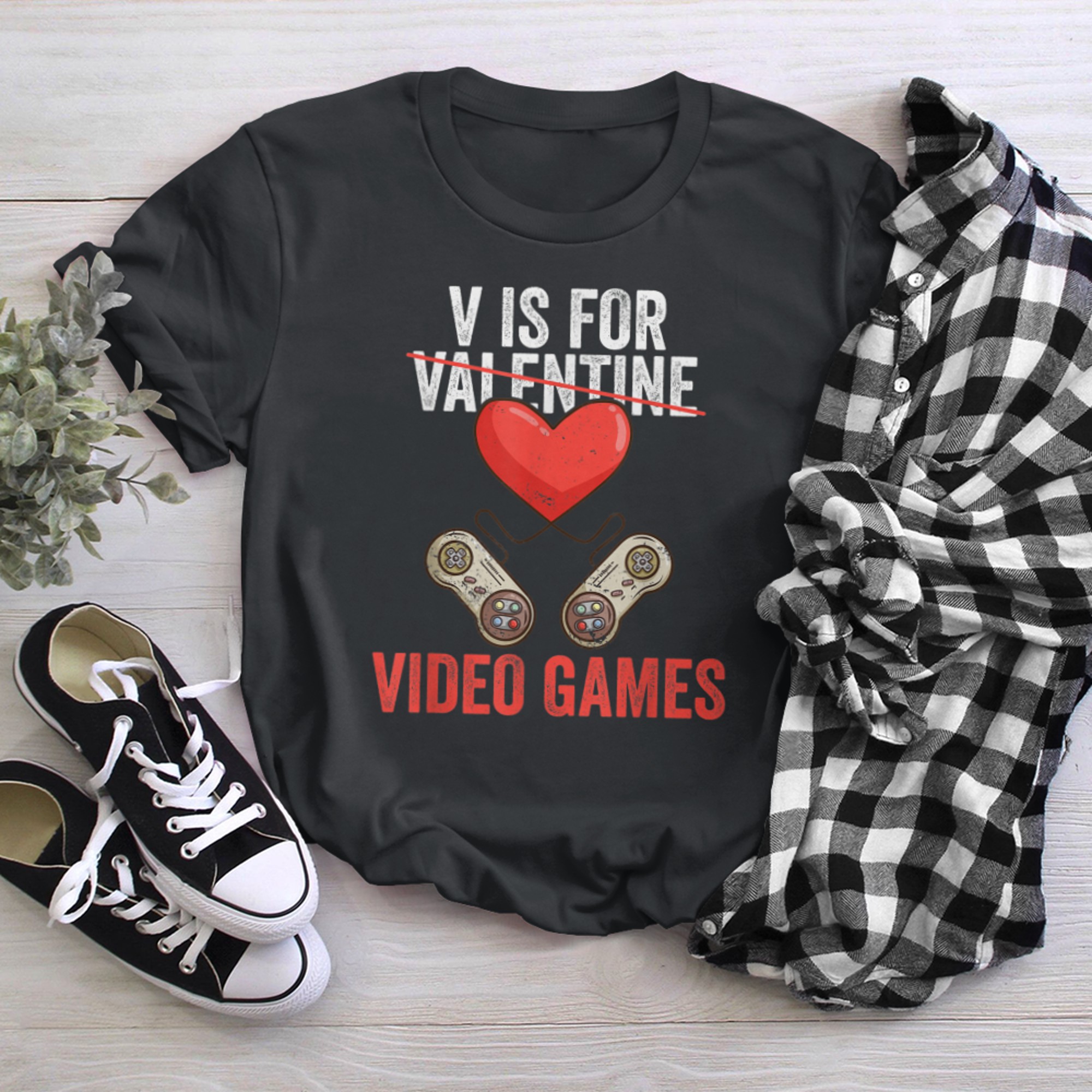 V Is For Video Games Funny Valentines Day Gamer Boy Humor t-shirt black