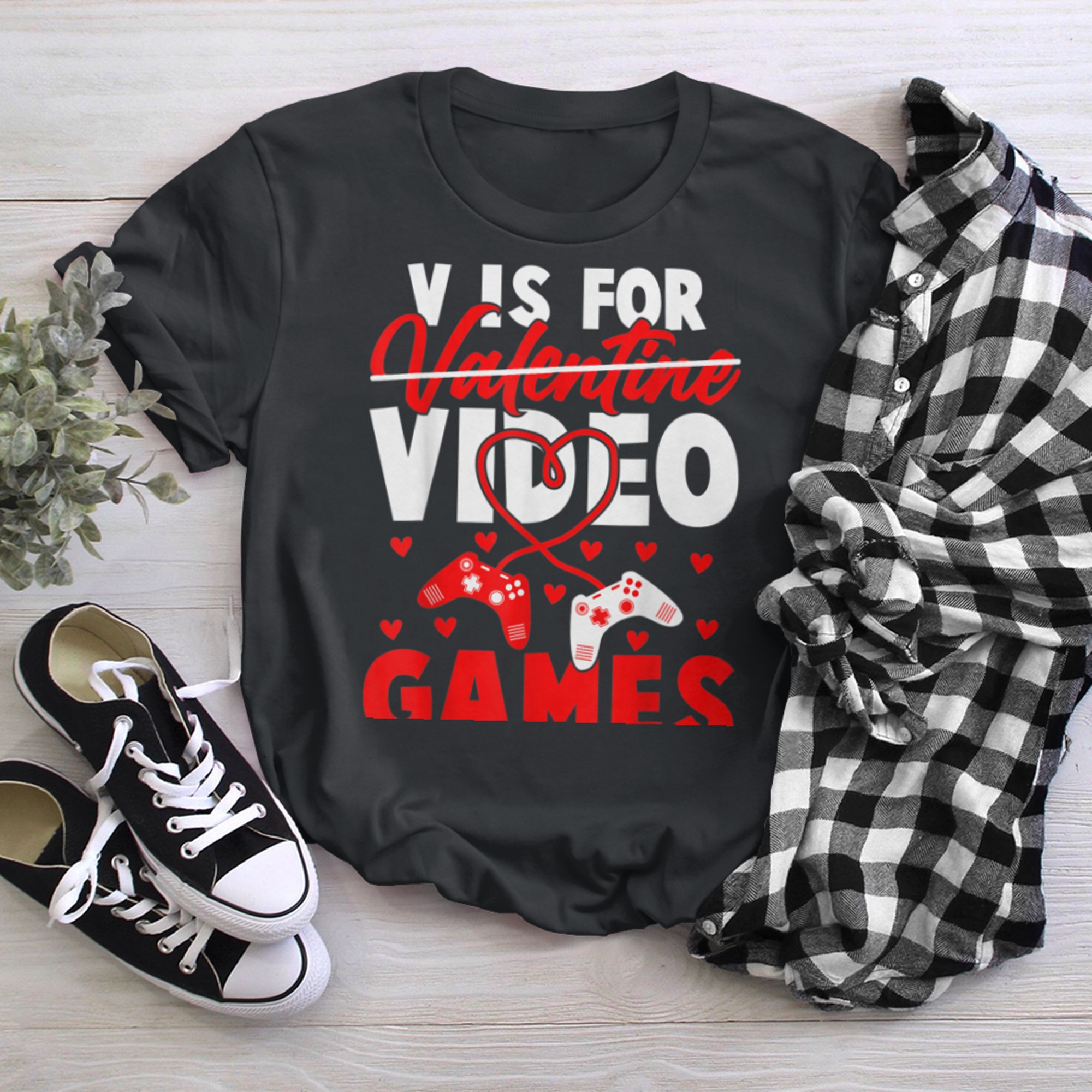 V is for Video Games funny valentines day gamer boy man t-shirt black