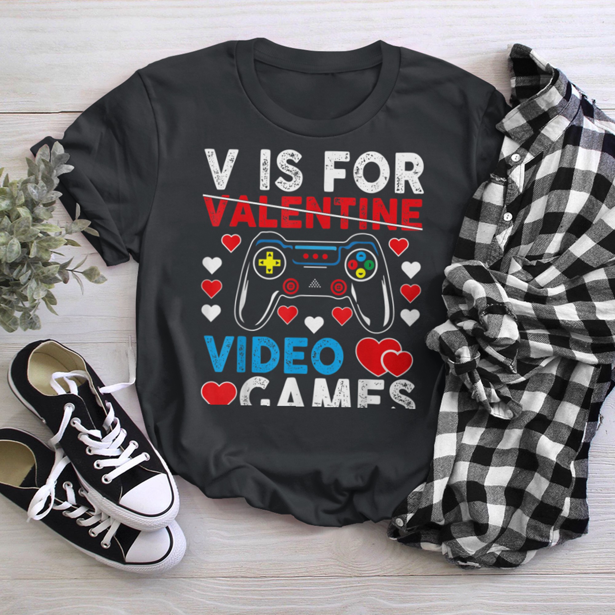 V Is For Video Games Funny Valentines Day Gamer Boy Men - 2023-09-16T114059.532 t-shirt black