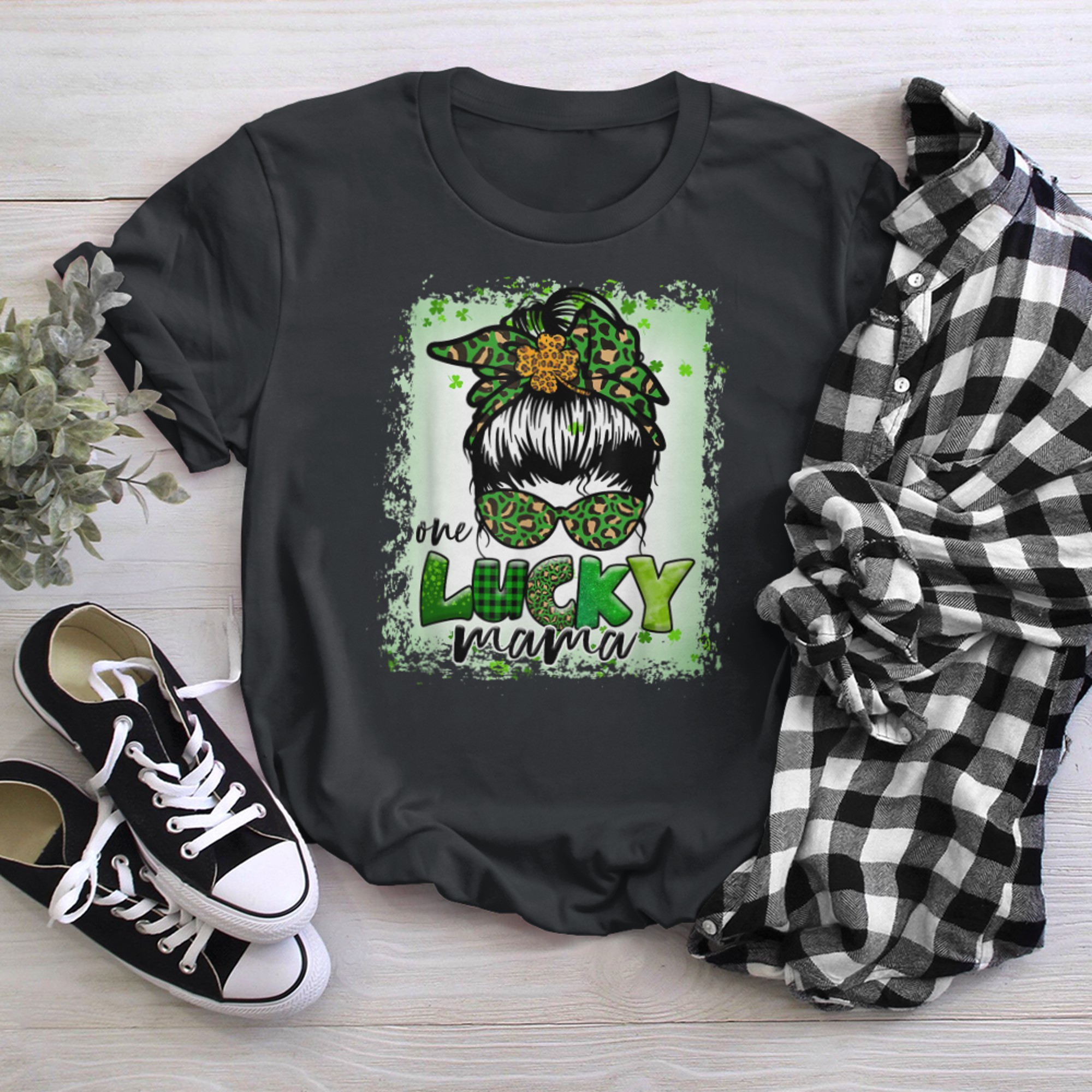 Messy Bun Leopard St Patrick's Day One Lucky Mama Blea.ched t-shirt black