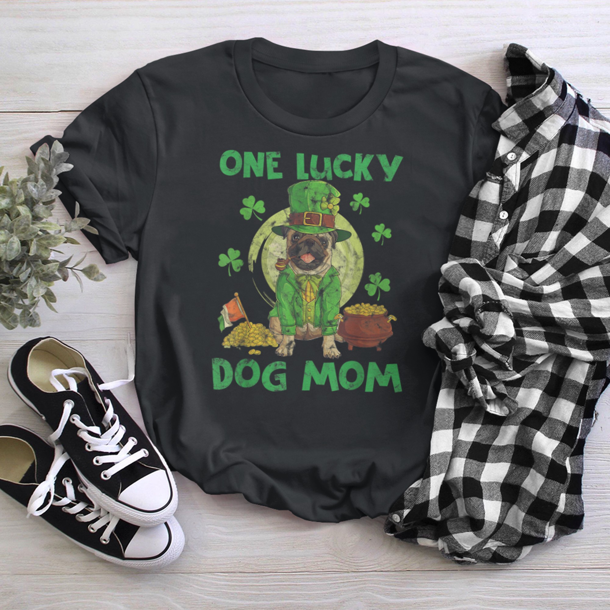 One Lucky Dog Mom Coins Green Clovers t-shirt black