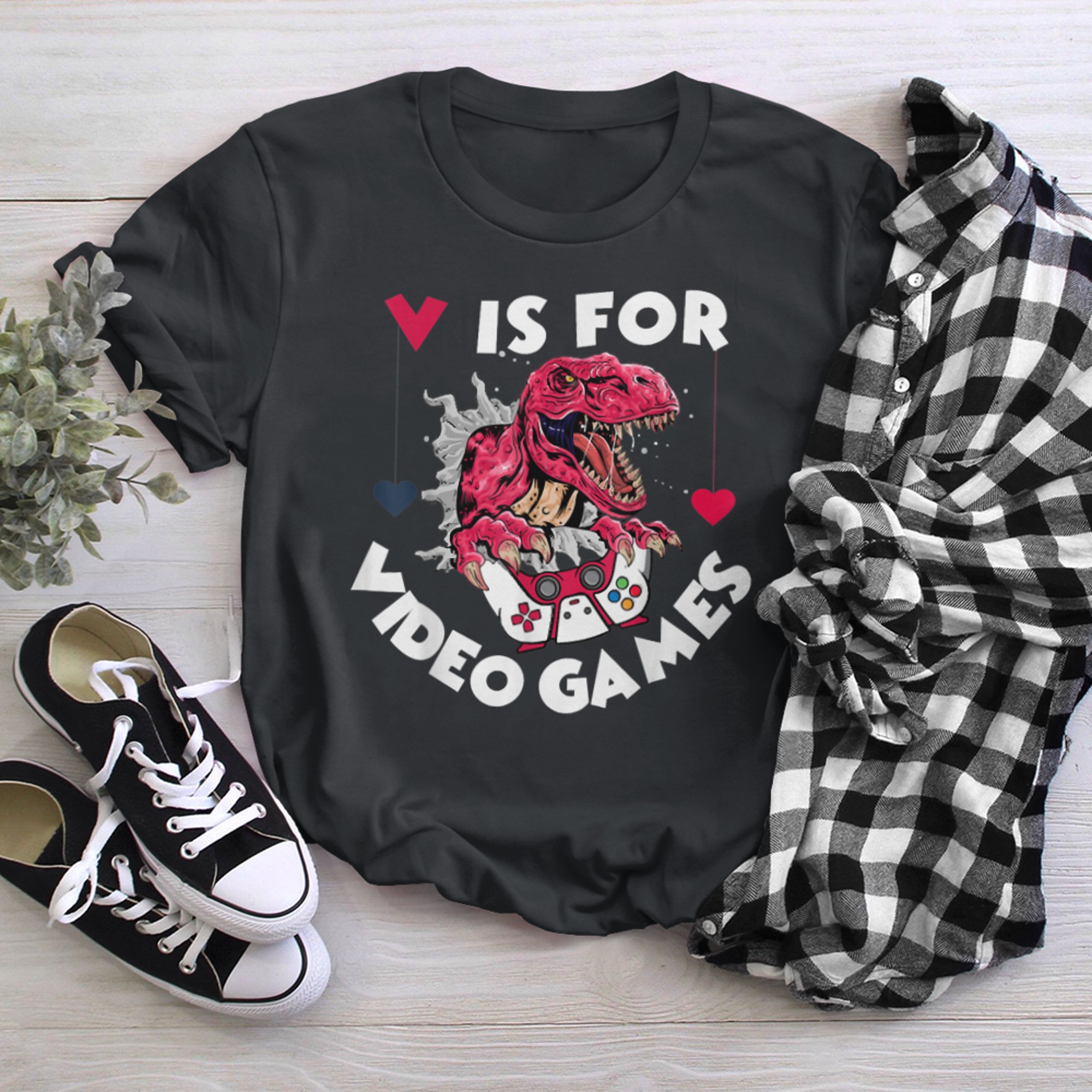 V Is For Video Games, Dinosaur T-Rex Video Games Valentine's t-shirt black