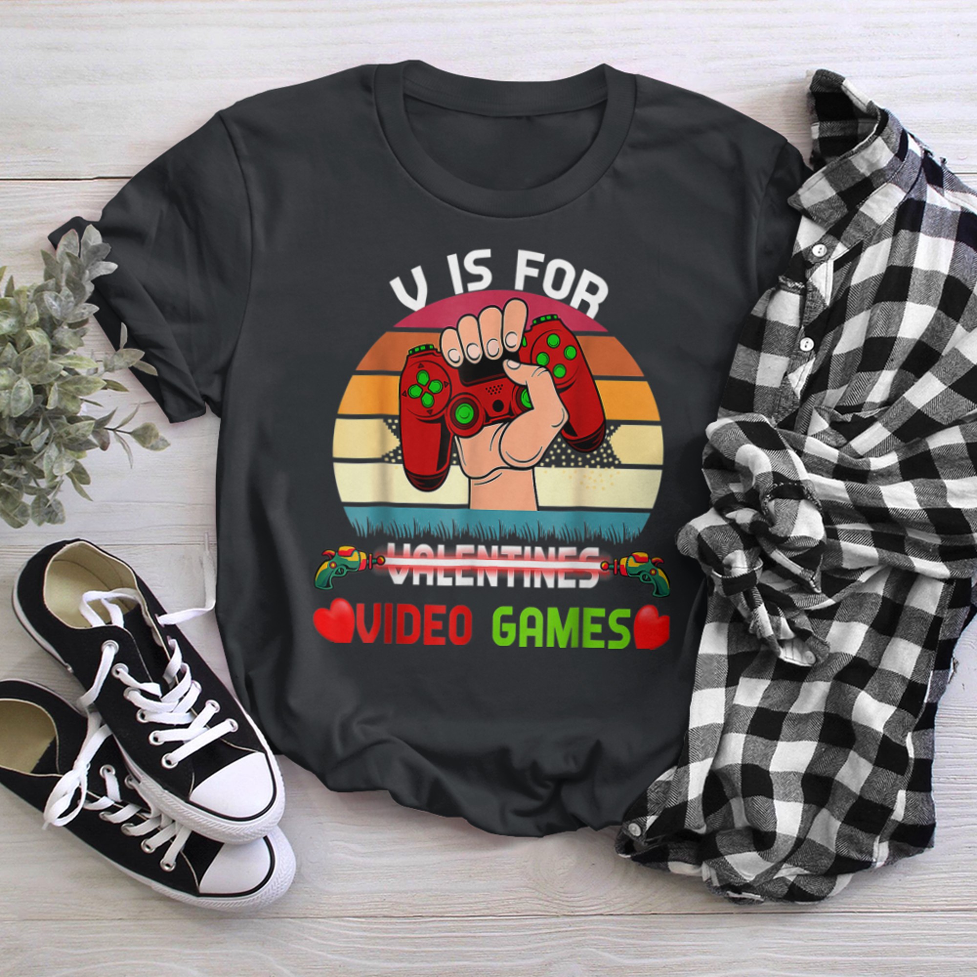 V Is For Video Games Funny Valentines Day Gamer Boy Men - 2023-09-16T114119.265 t-shirt black