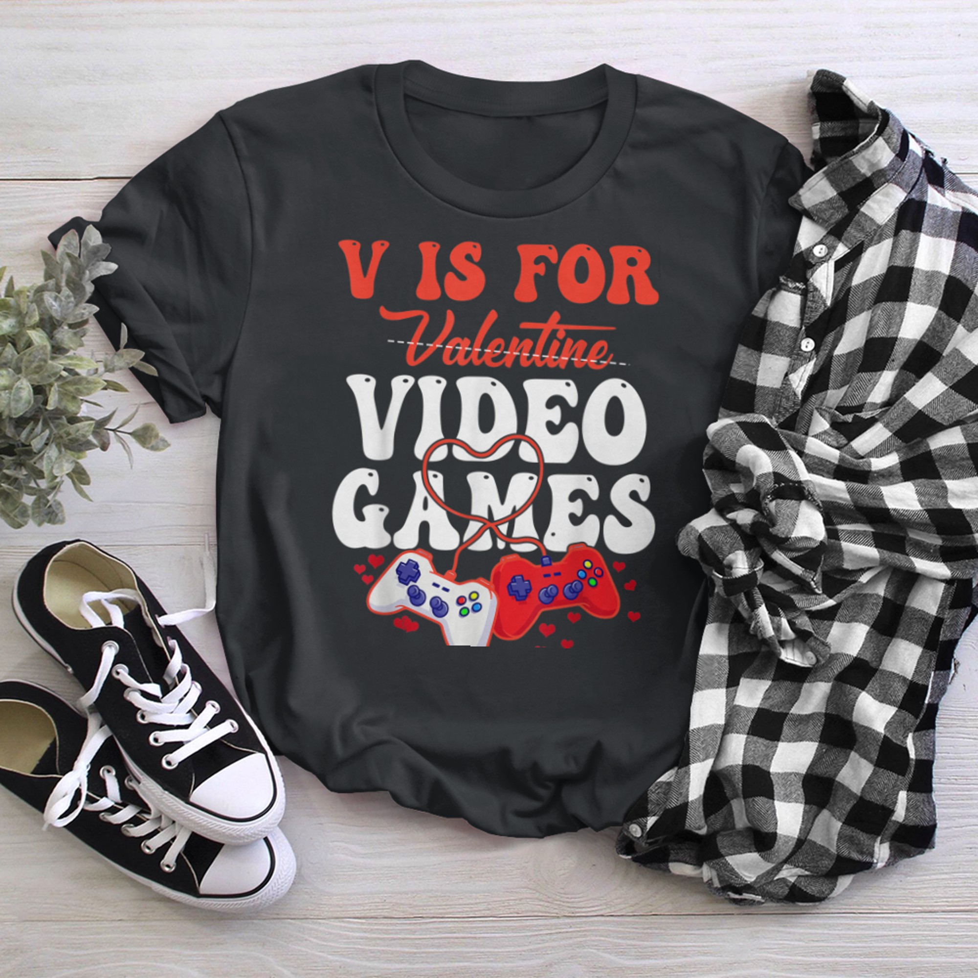 V Is For Video Games Funny Valentines Day Gamer Boy Men - 2023-09-16T114130.006 t-shirt black